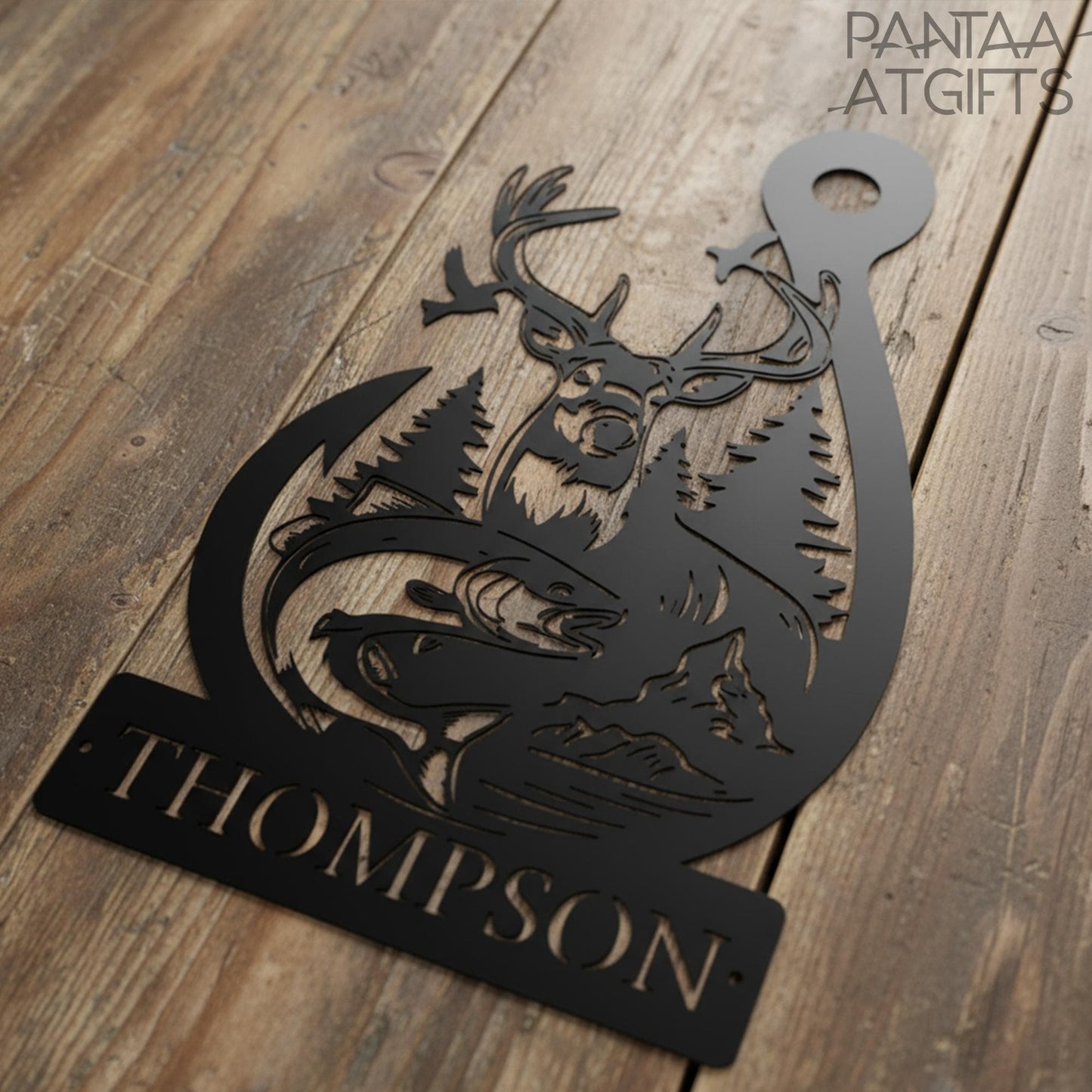 Personalized Deer & Fish Metal Sign, Family Name Outdoor Decor