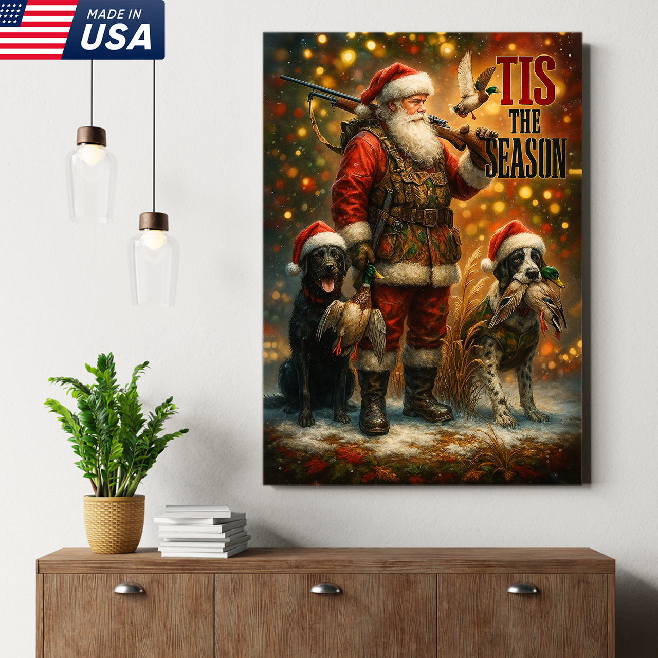Rustic Christmas Hunting Canvas Art - Santa with Hunting Dogs and Ducks Holiday Wall Decor