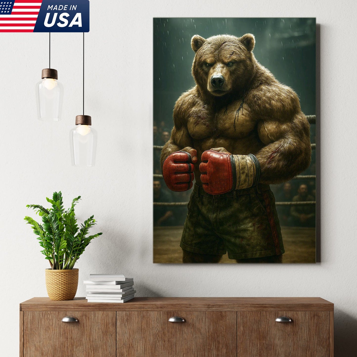 Boxer Bear Canvas Wall Art, Fierce Animal Fighter Artwork, Powerful Strength Decor for Men
