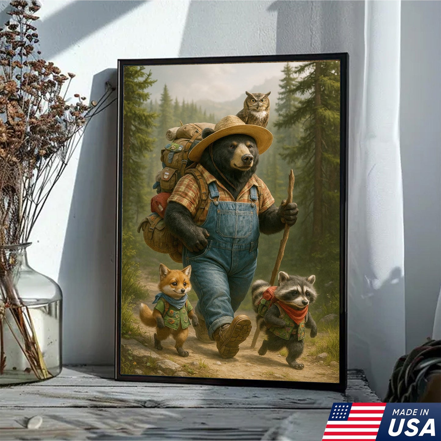Bear Hiking Adventure Canvas Art – Cute Woodland Animal Wall Decor for Cabin & Home
