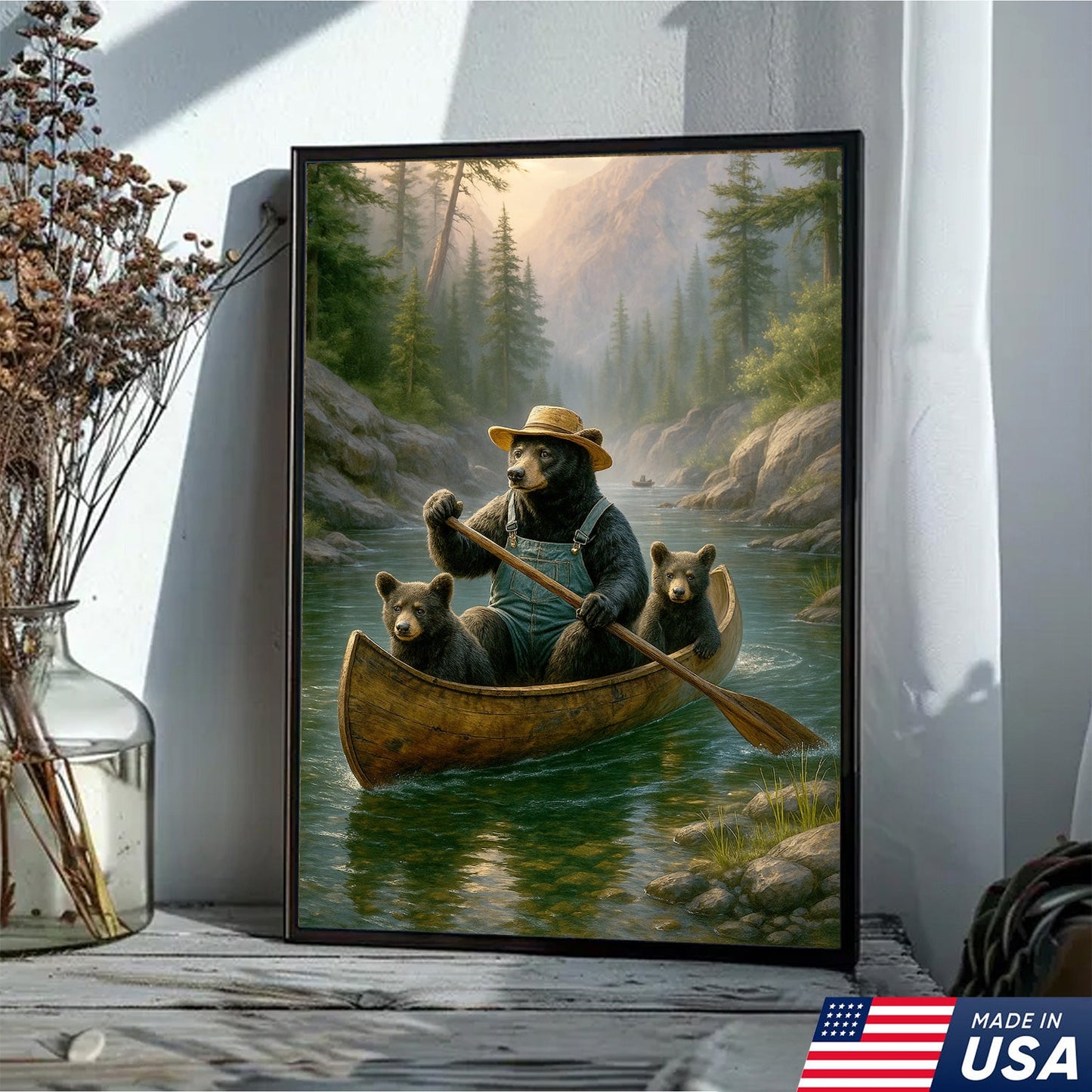 Bear Family Canoe Adventure Canvas Wall Art – Rustic Wildlife Wall Decor for Cabin & Home