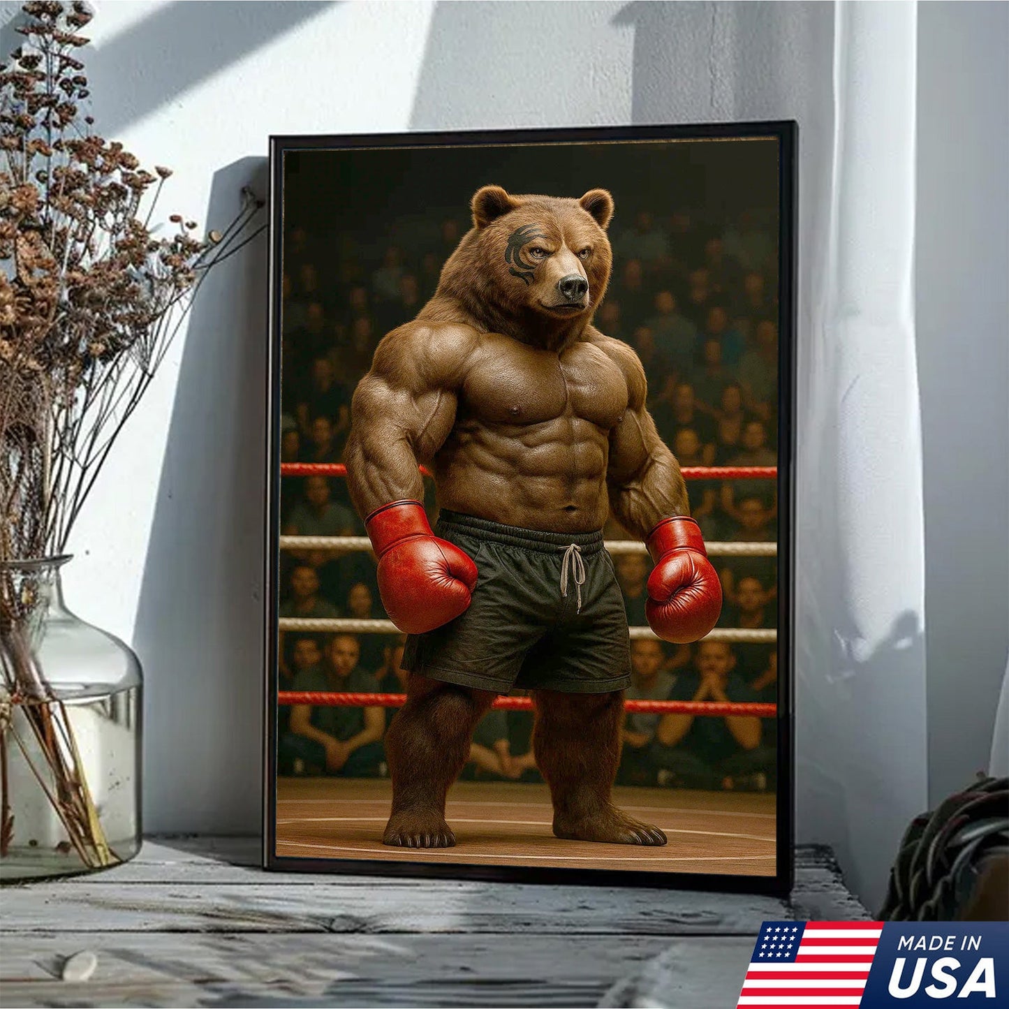 Boxing Bear Canvas Wall Art, Muscular Fighter in Red Gloves, Gym & Man Cave Decor