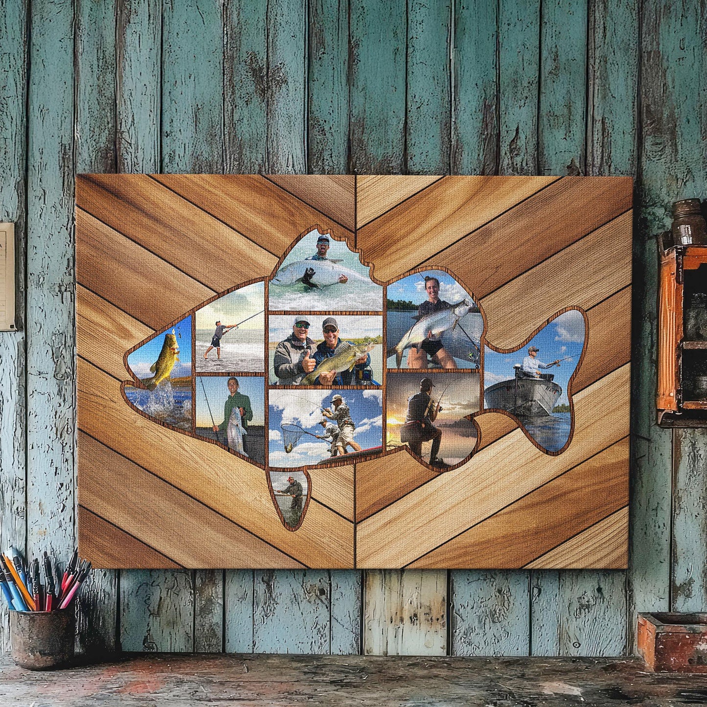 Custom Fishing Photo Collage Canvas, Fish Shape Personalized Wall Art