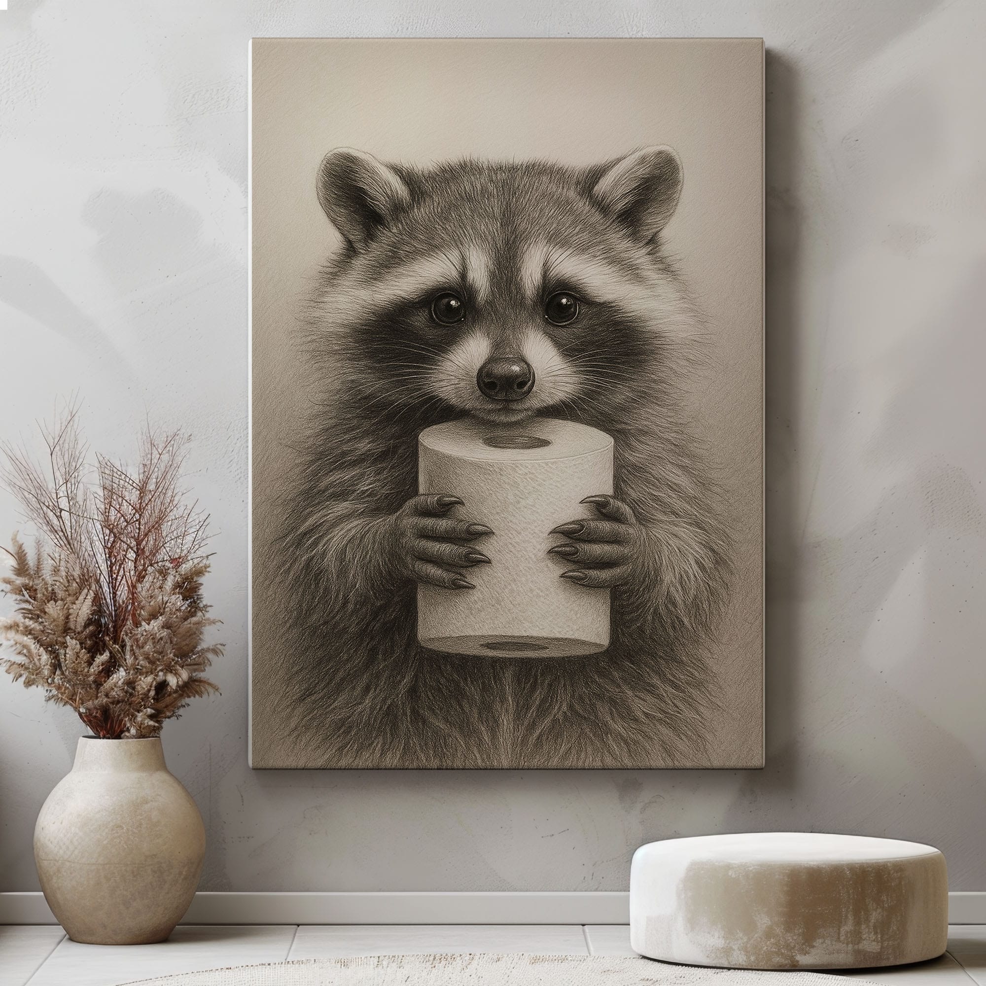 Raccoon Toilet Paper Canvas – Funny Bathroom Wall Art for Hunters – HuntDad
