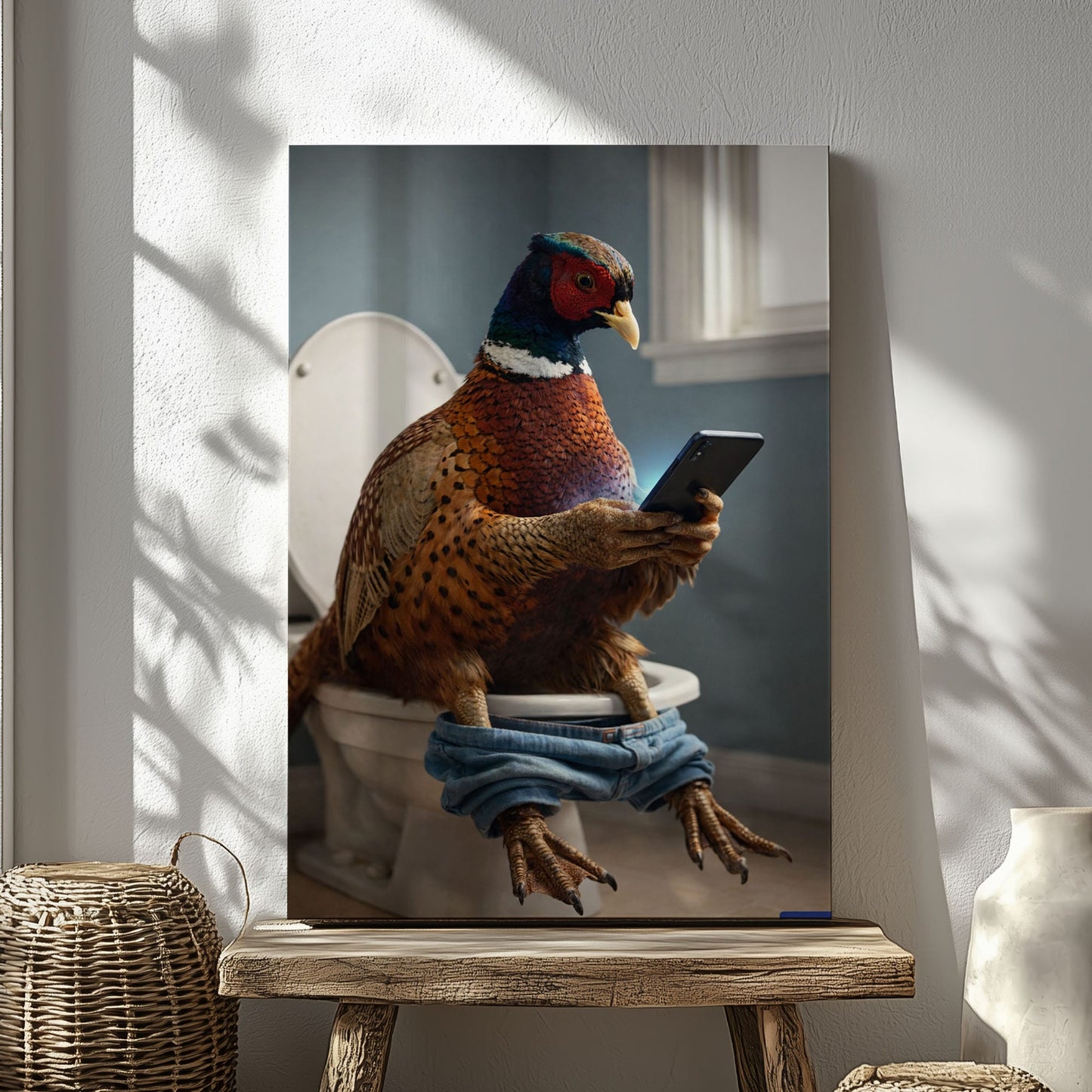 Pheasant Checking Phone on Toilet Funny Bathroom Art