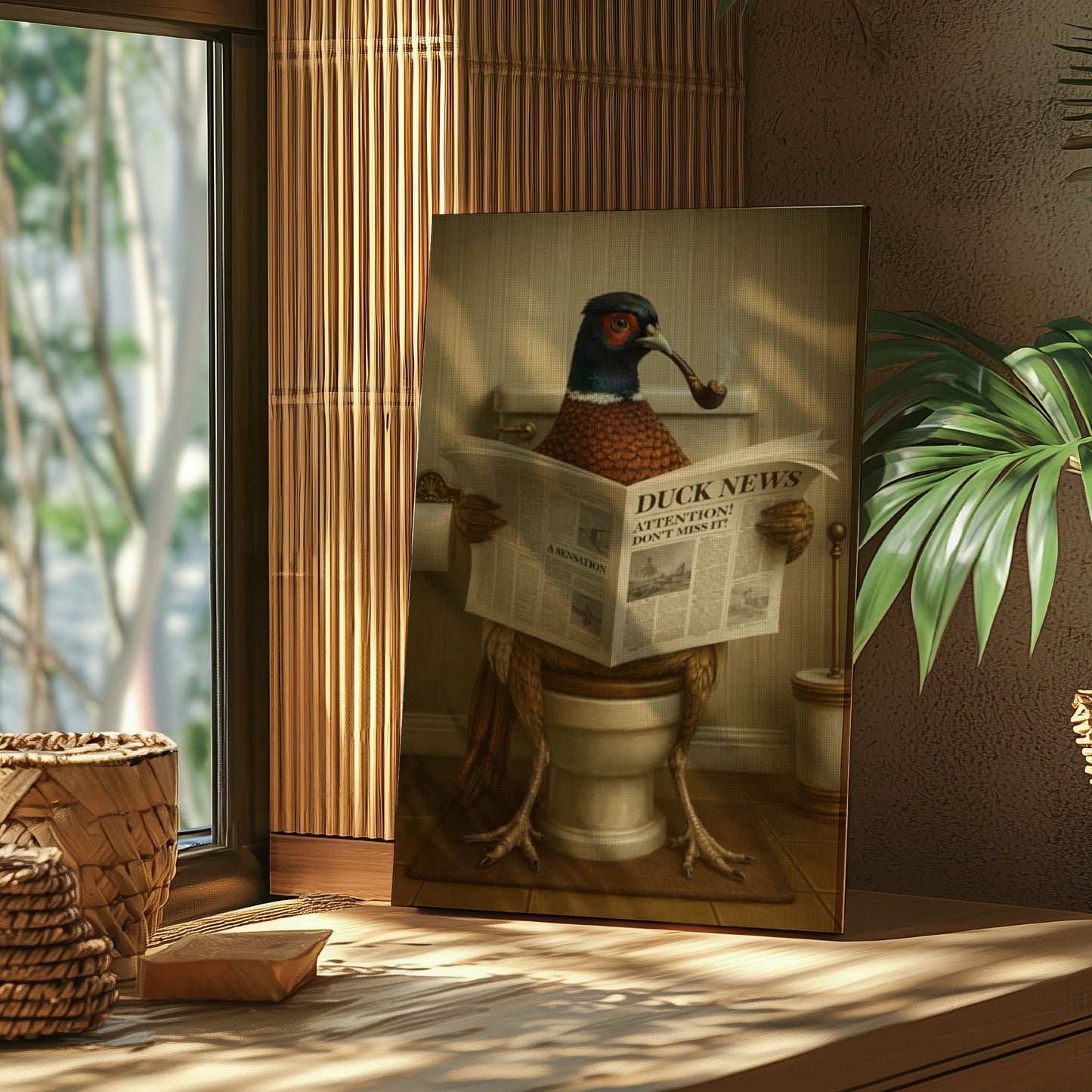 Pheasant on Toilet Reading Newspaper Funny Animal Wall Art