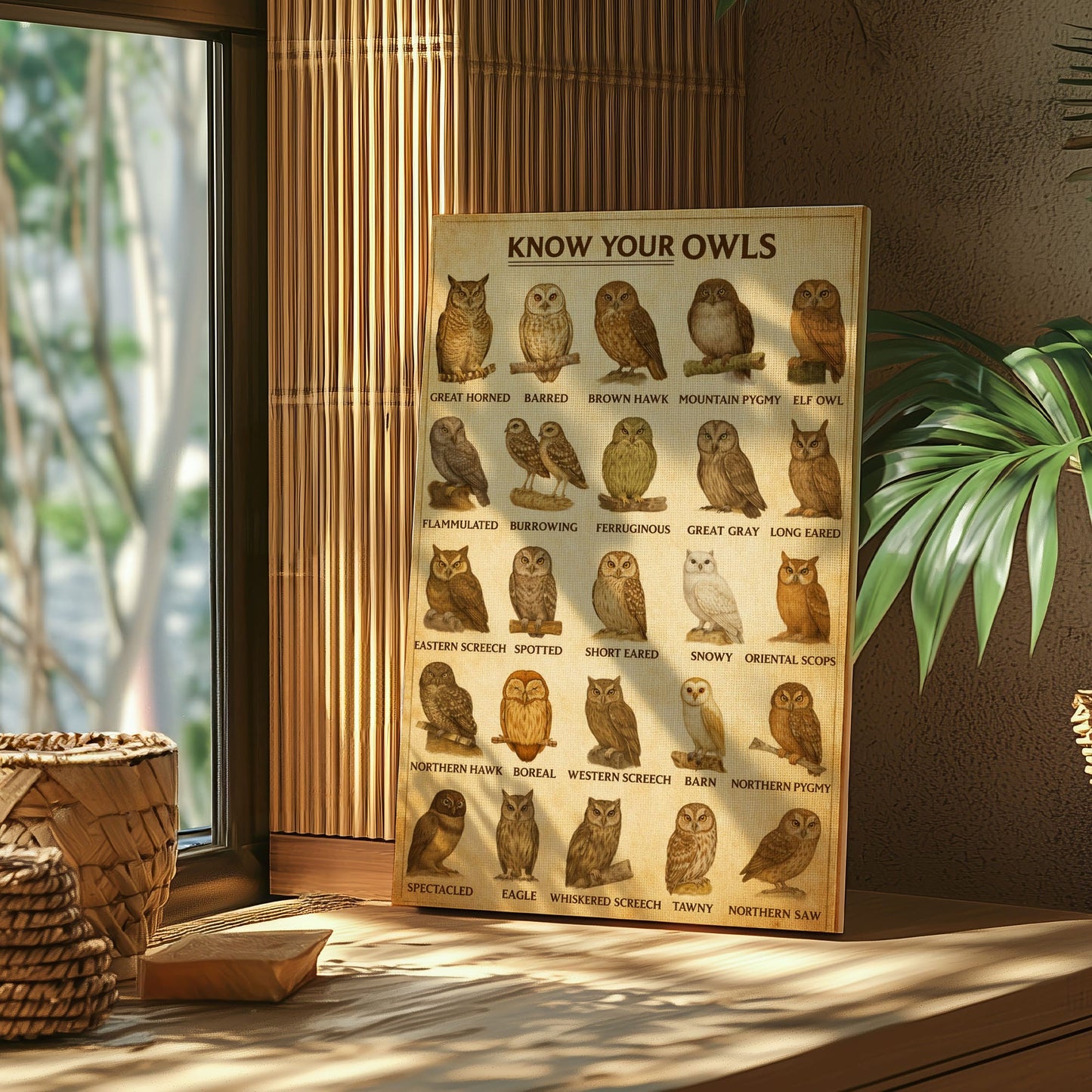 Know Your Owls Canvas Wall Art Vintage Owl Identification Chart Poster