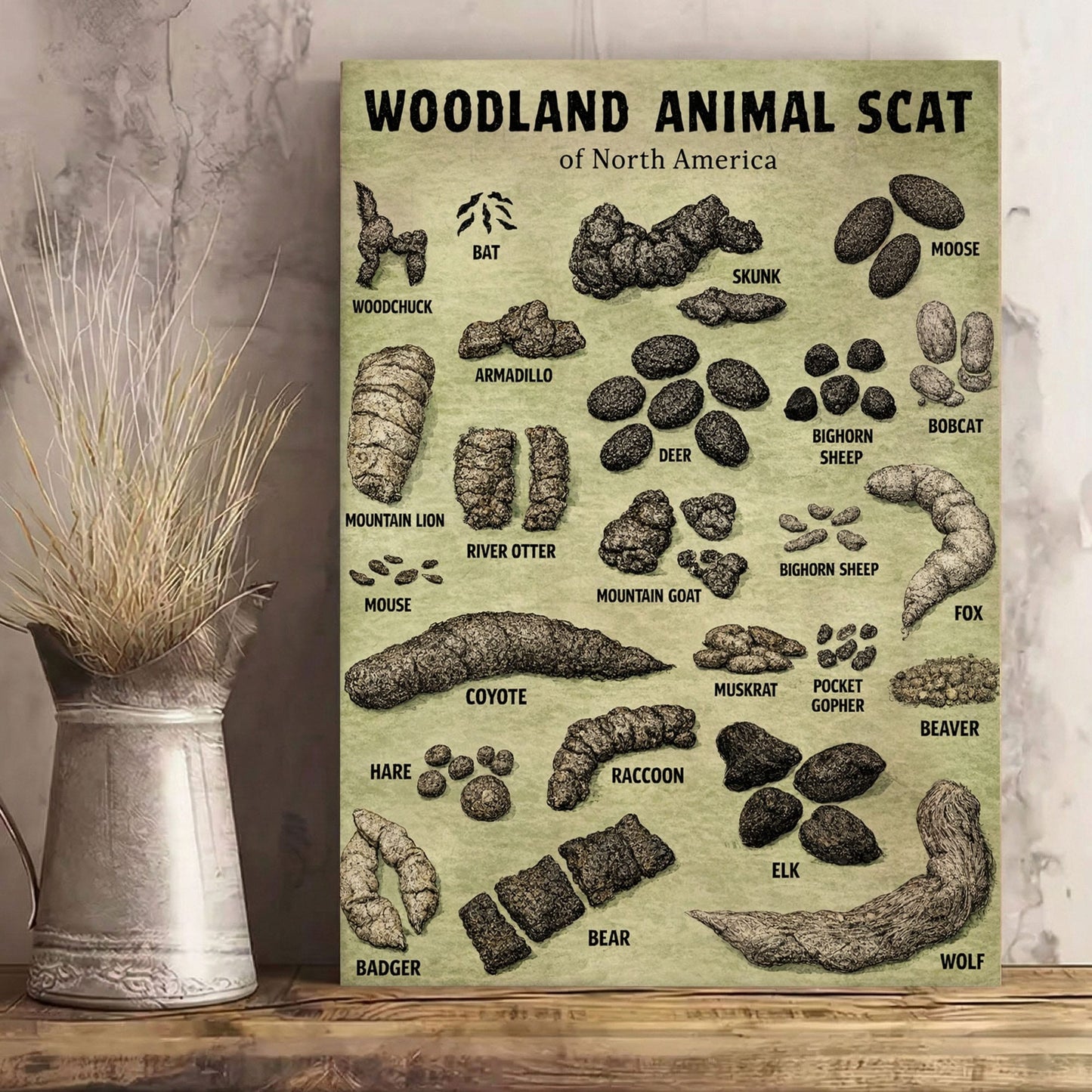 Animal scat print - Woodland animal droppings poster, Wilderness poop chart