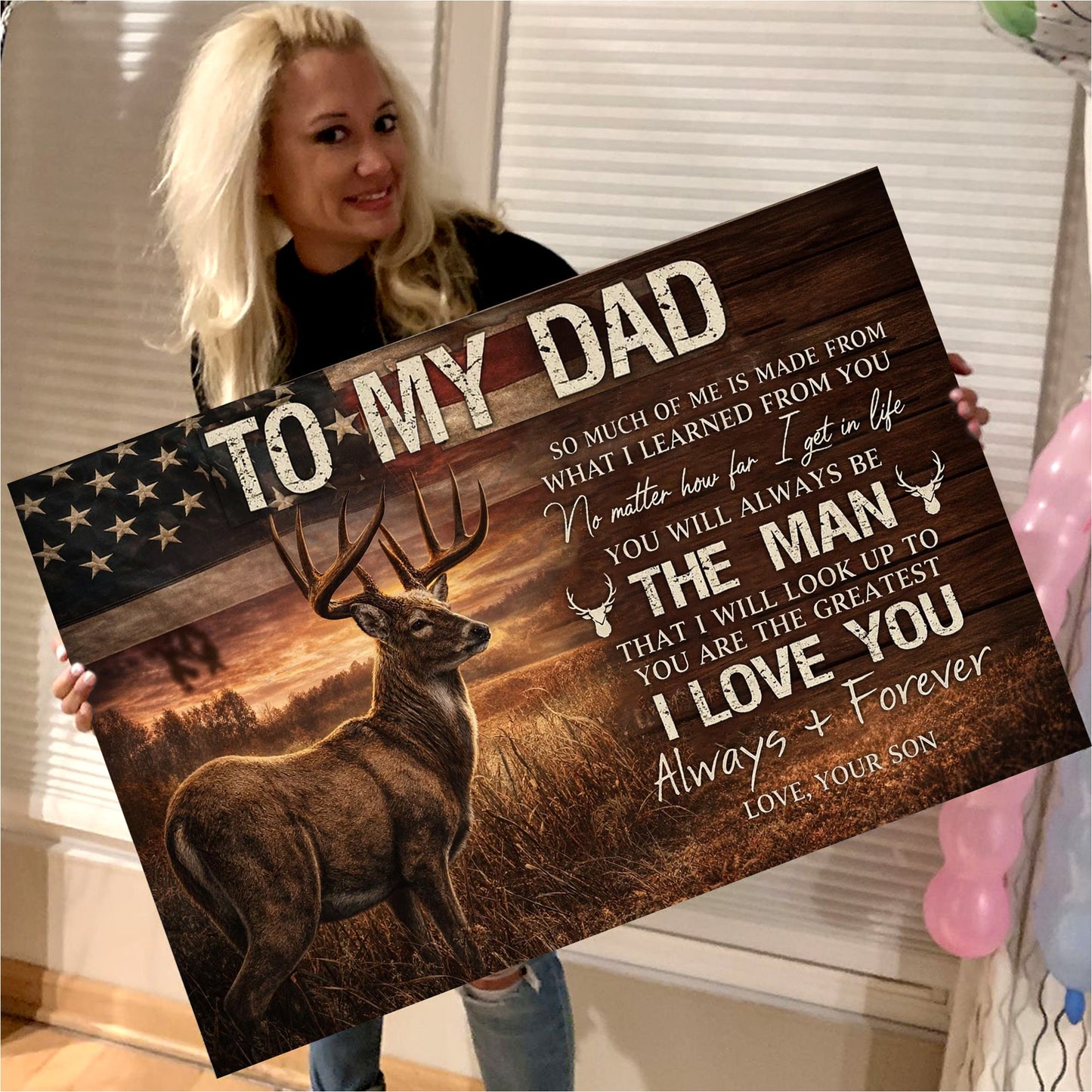 To My Dad Deer Canvas Wall Art, Patriotic Father Son Love Quote Artwork