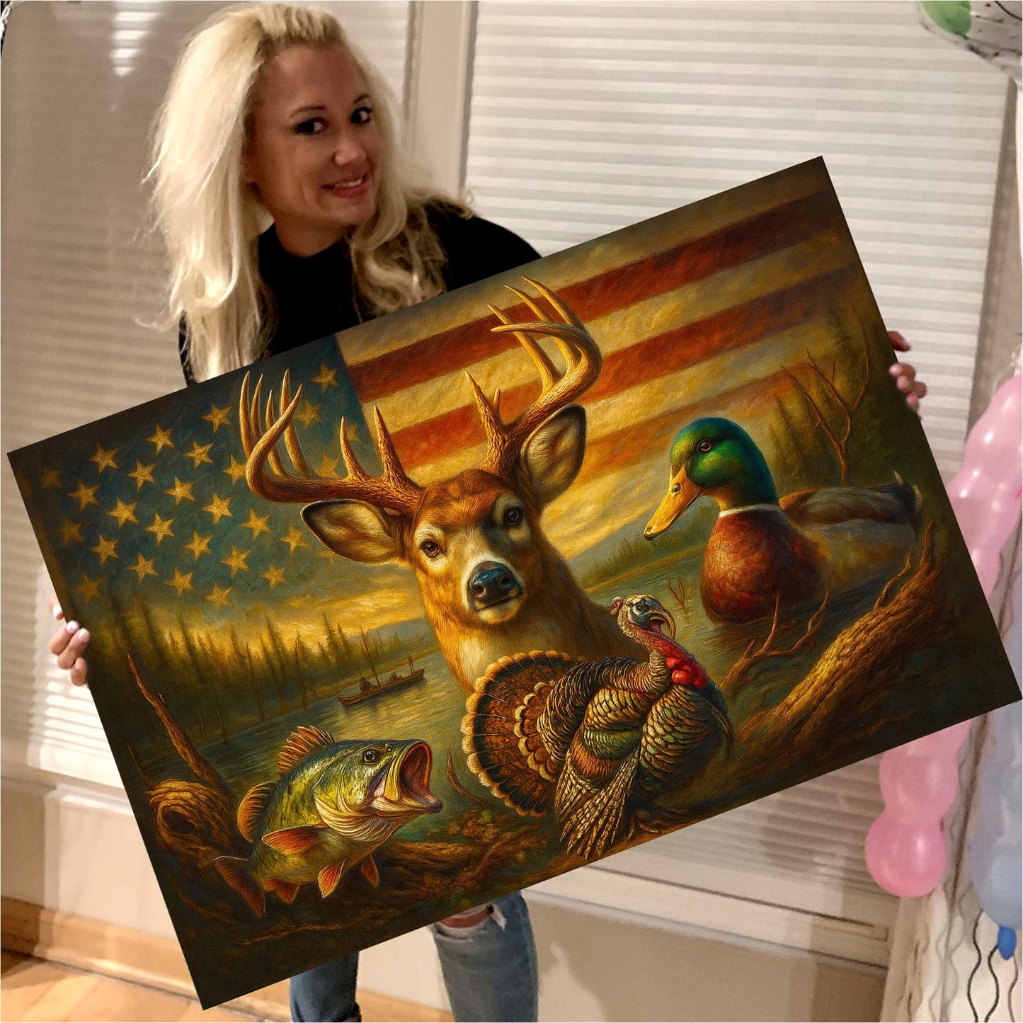 American Flag Hunting Canvas Wall Art – Whitetail Buck, Wild Turkey, Mallard Duck & Largemouth Bass