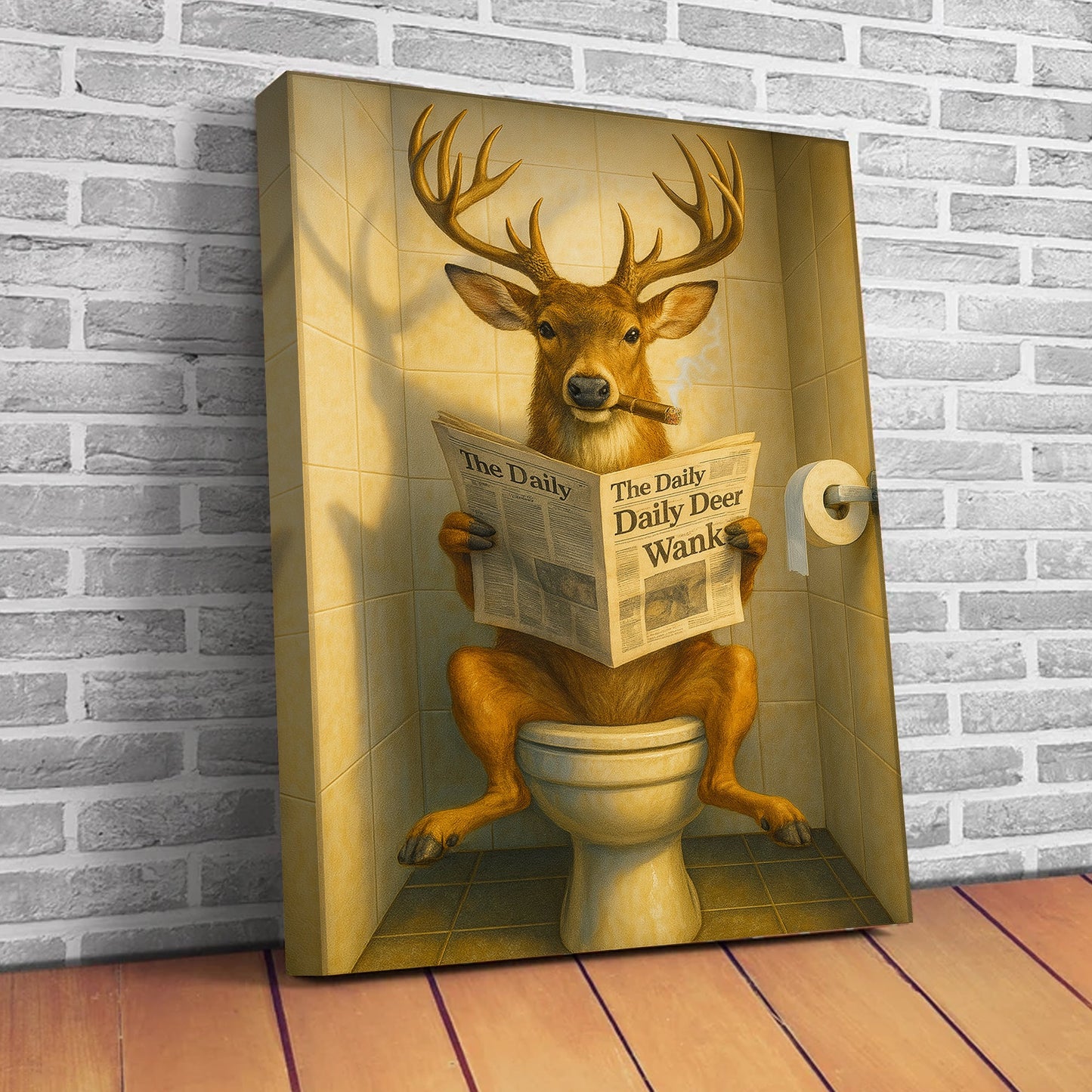 Funny Deer on Toilet Canvas – Quirky Animal Art Print with Smoking and Newspaper for Unique Wall Decor