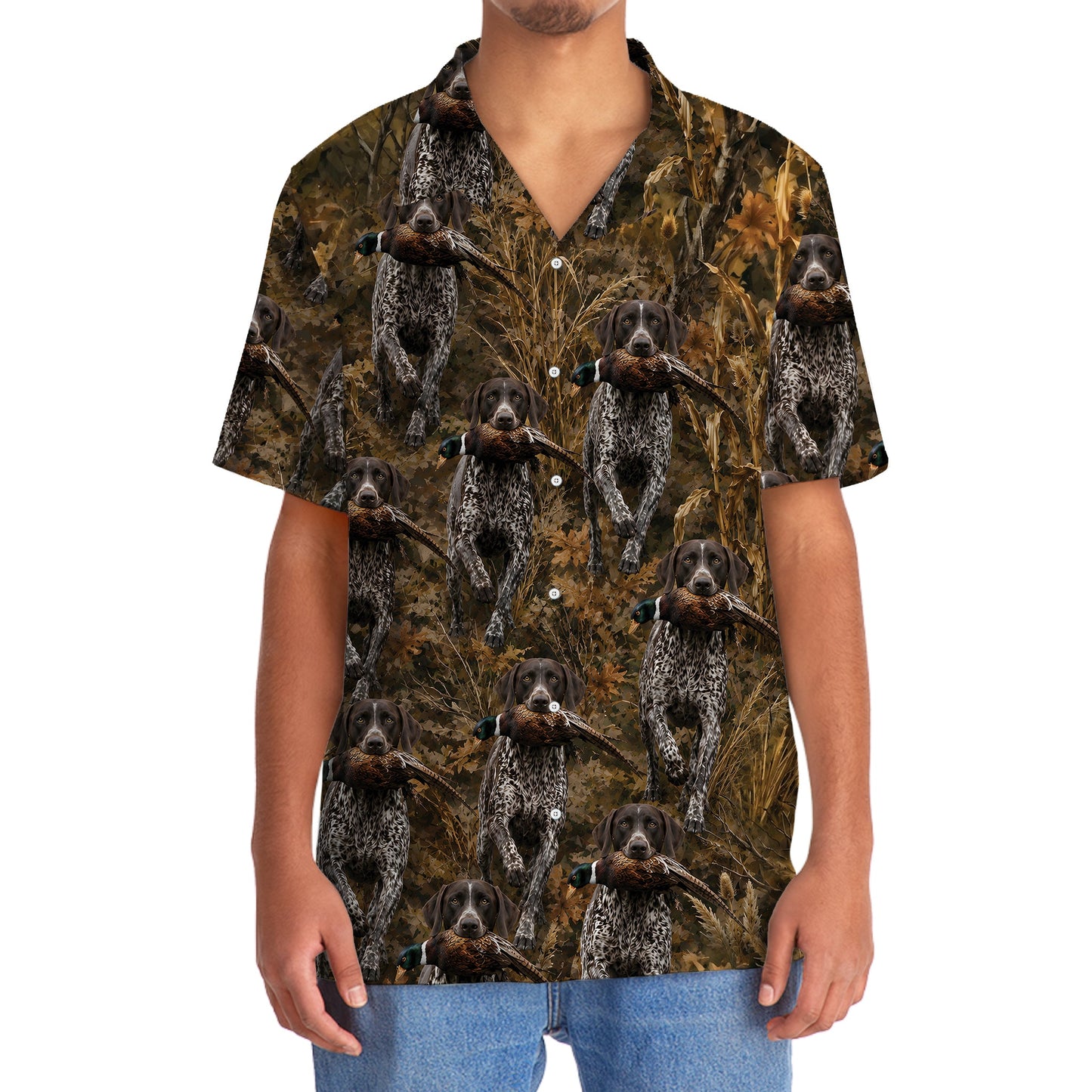 Camouflage German Shorthaired Pointer Running With Pheasant Hunting Hawaiian Shirt