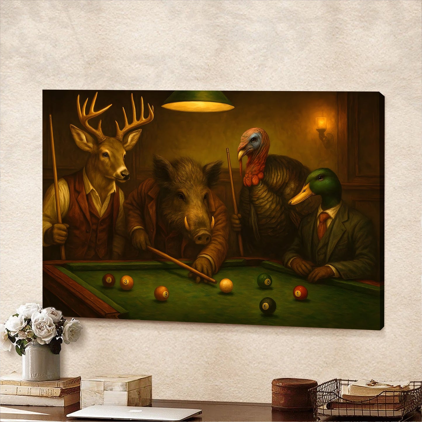 Hunter’s Billiard Crew Canvas Wall Art – Deer, Boar, Duck & Turkey Playing Pool – Rustic Hunting Cave