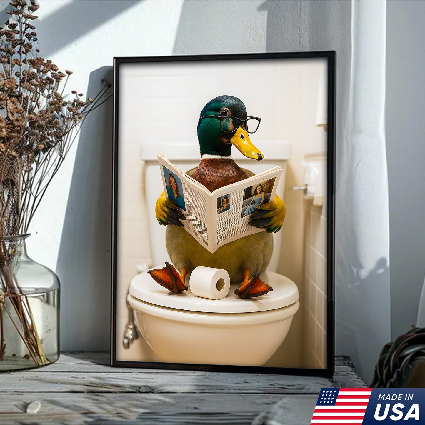 Funny Duck Bathroom Canvas Wall Art – Unique Gift for Hunters, Wildlife Lovers & Cabin Decor