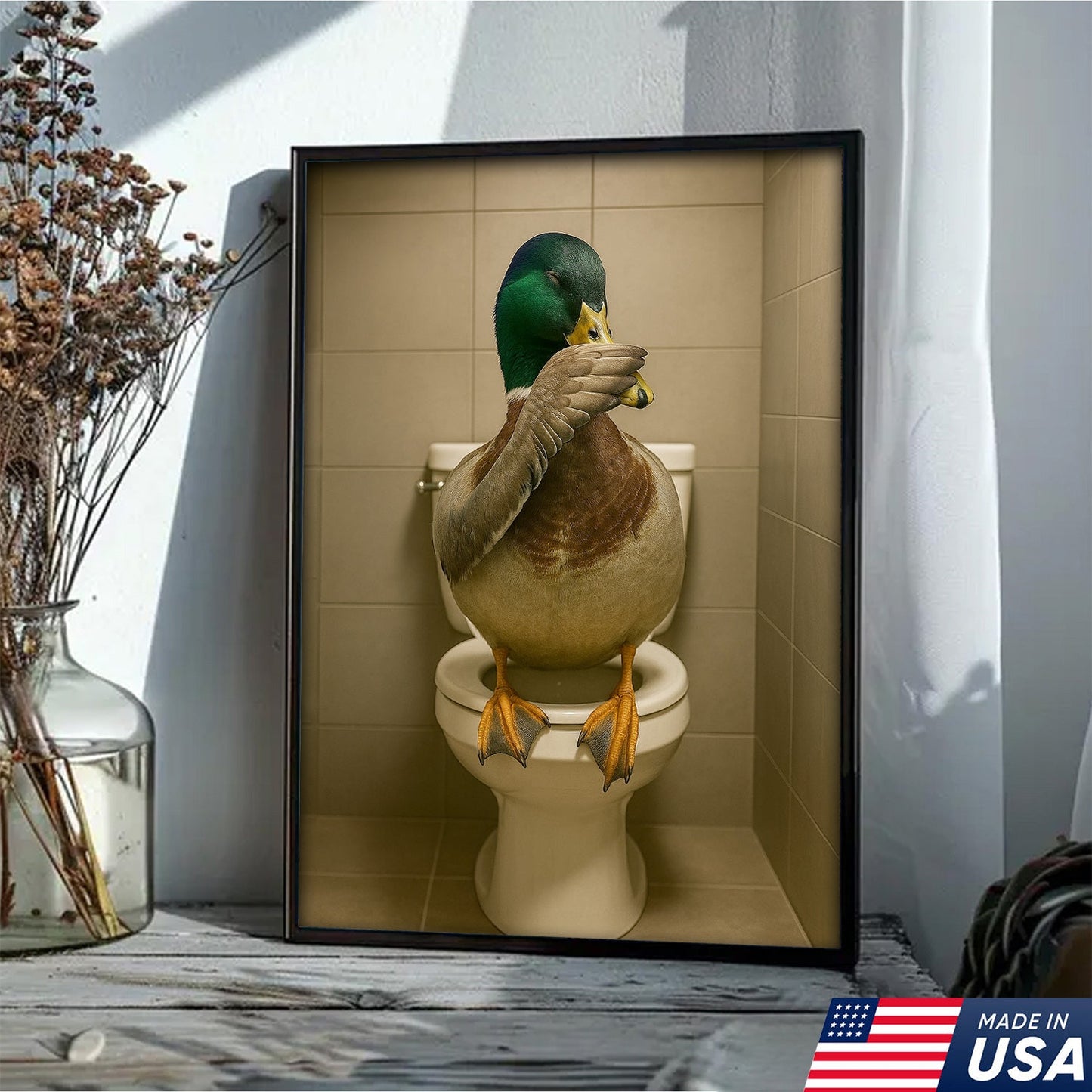 Funny Duck Bathroom Wall Art – Hilarious Rustic Toilet Canvas for Cabin, Lodge & Man Cave Decor
