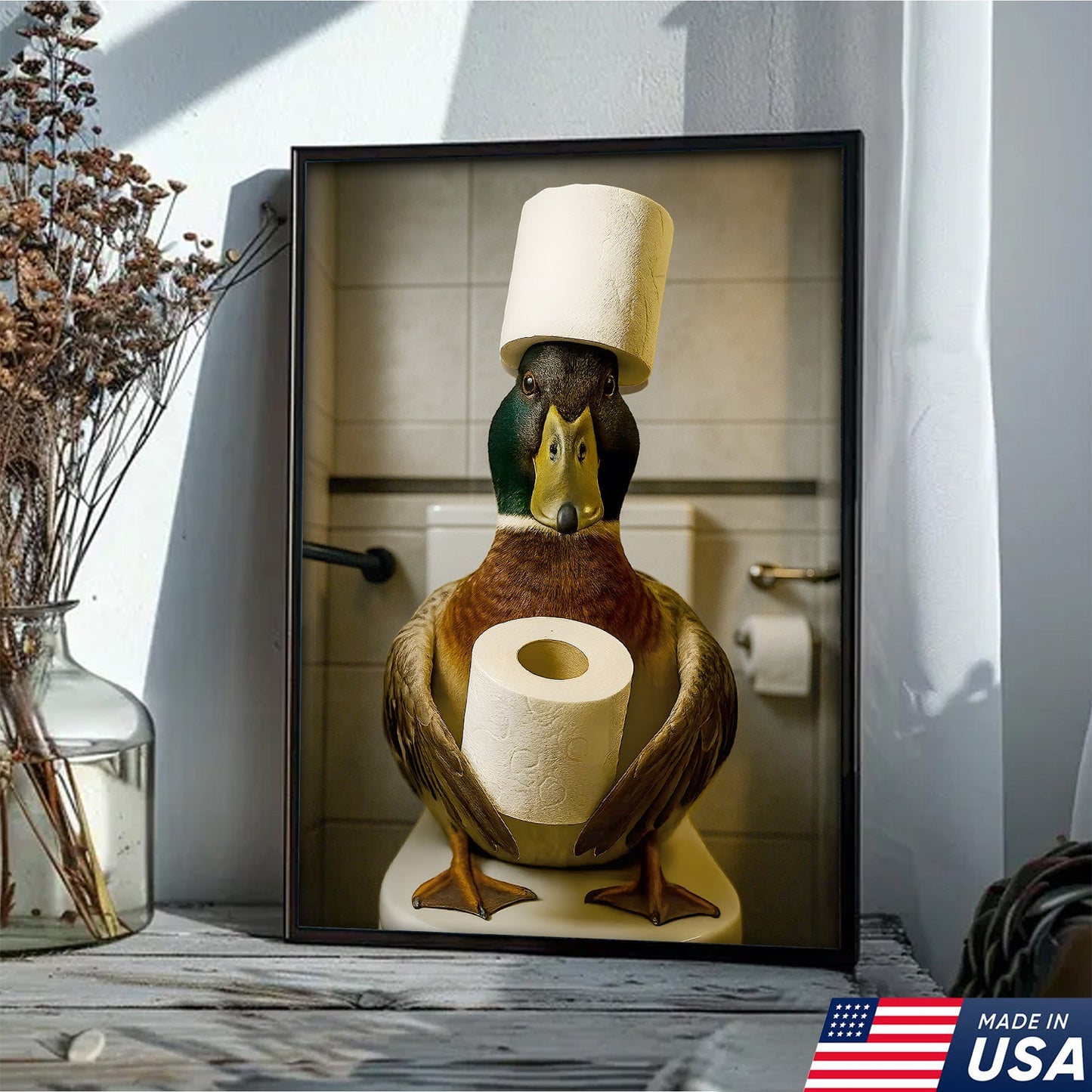 Funny Duck Bathroom Canvas Wall Art – Rustic Toilet Canvas for Cabin, Lodge & Man Cave Decor