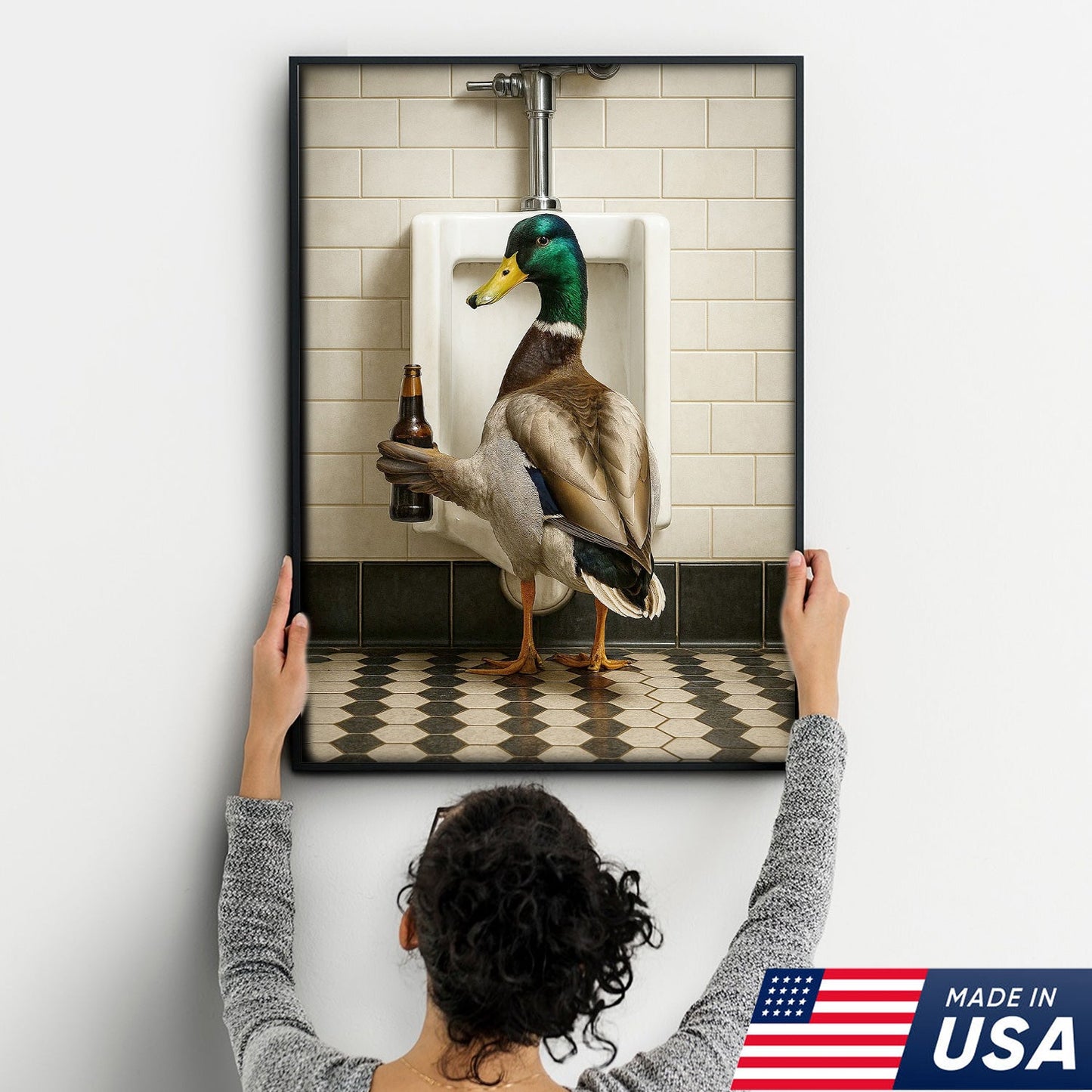 Funny Mallard Duck Holding Beer Bathroom Canvas – Duck at Urinal Wall Art, Rustic Cabin