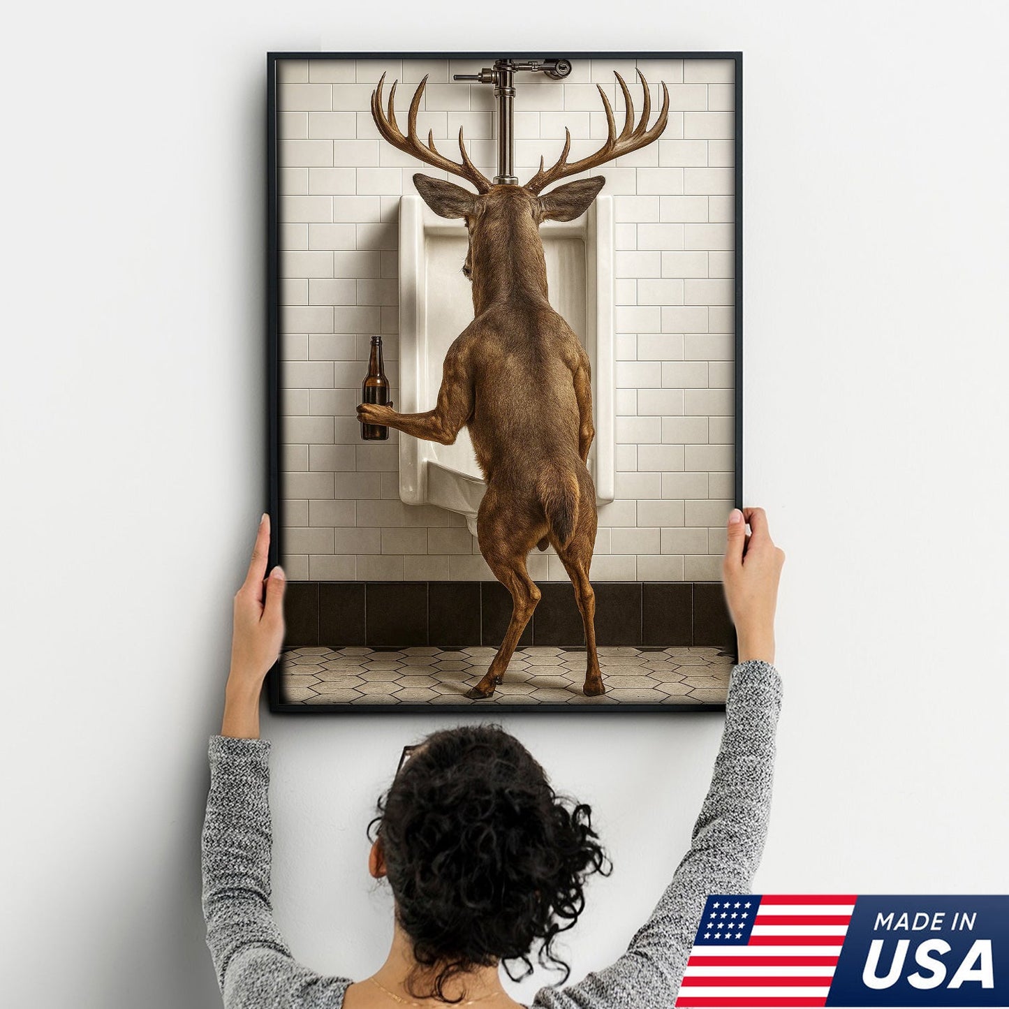 Deer Holding Beer and Standing at the Urinal Canvas – Hilarious Bathroom Wall Art