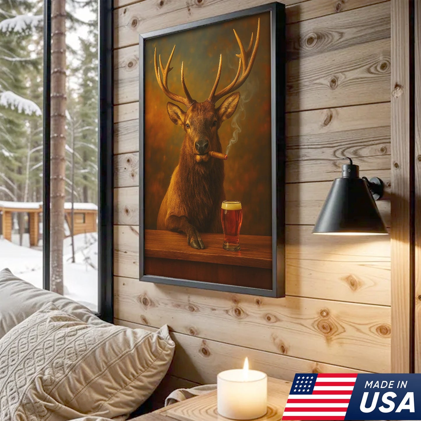 Funny Elk Drinking Cocktail Glasses & Smoking Canvas Wall Art - Rustic Hunting Perfect Gift for Hunters