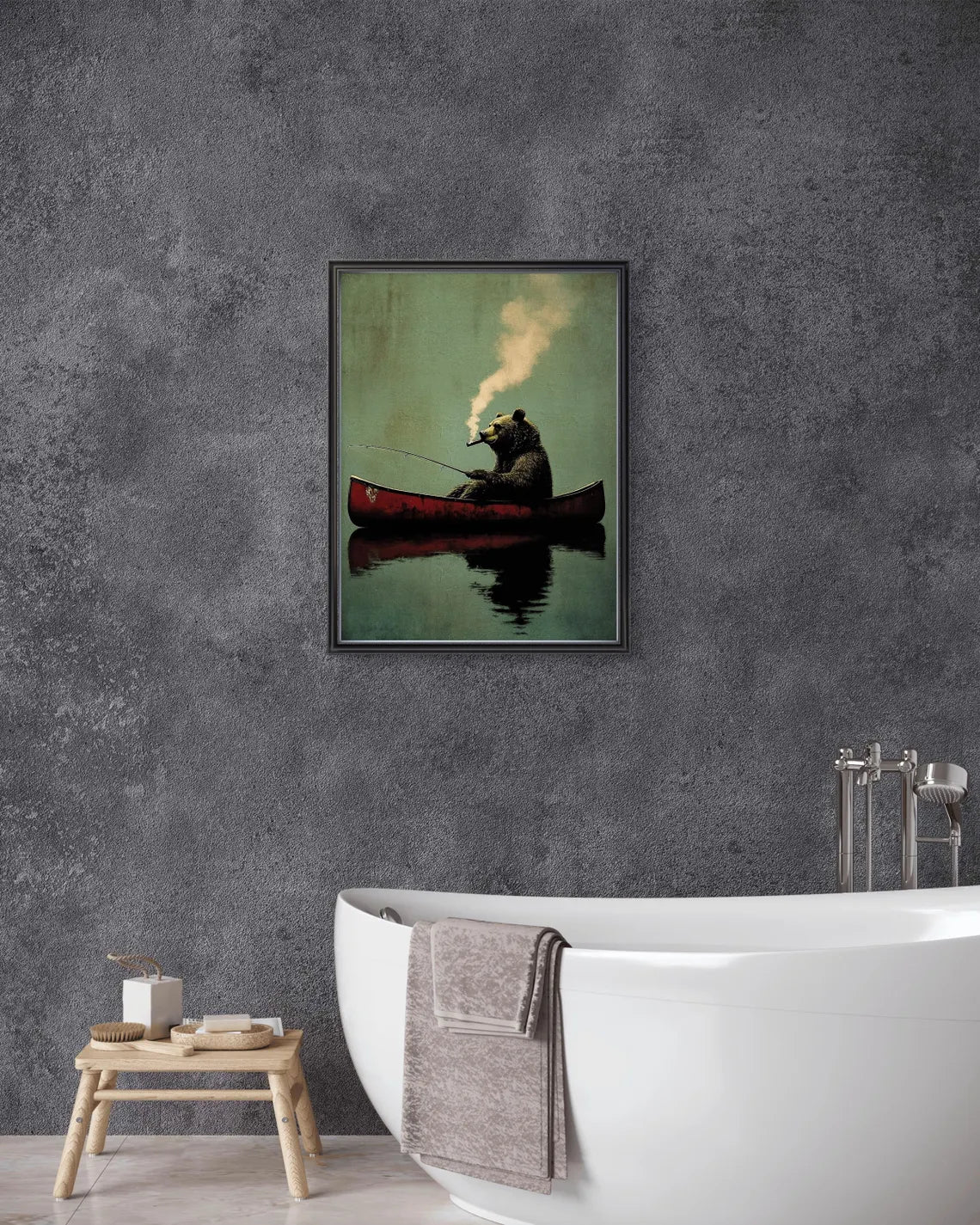 Bear Smoking Fishing Framed Canvas
