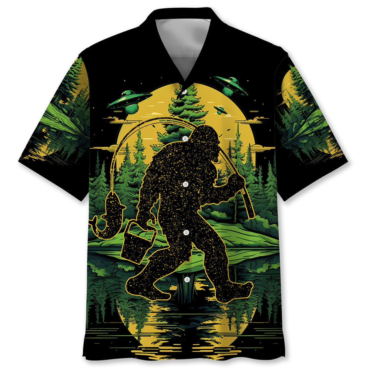 Bigfoot Fishing Green Alien Forest Hawaiian Shirt