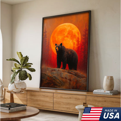 Bear Canvas Wall Art – Majestic Black Bear with Fiery Orange Full Moon