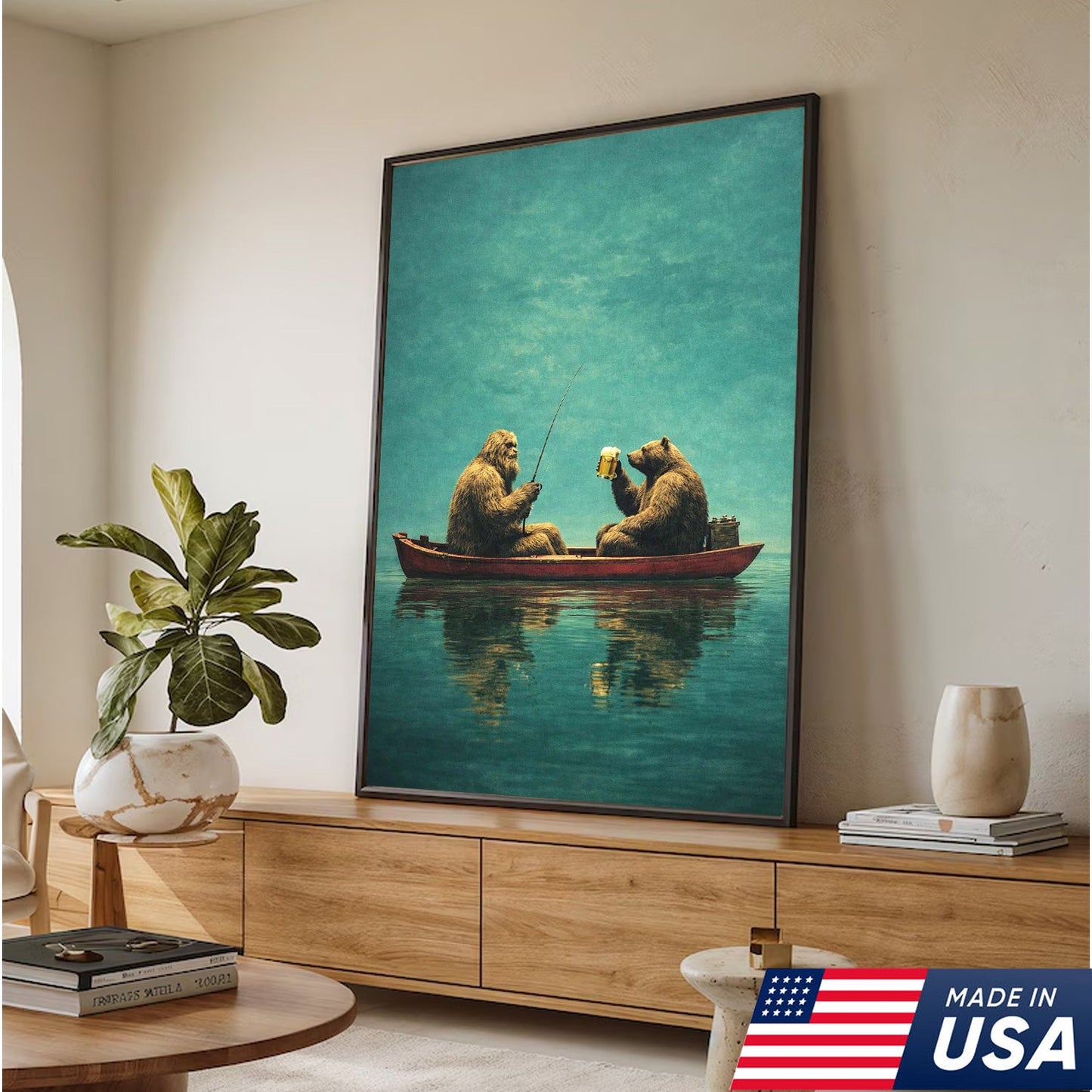 Whimsical Bear Fishing Canvas Wall Art, Surreal Animal Friendship Painting