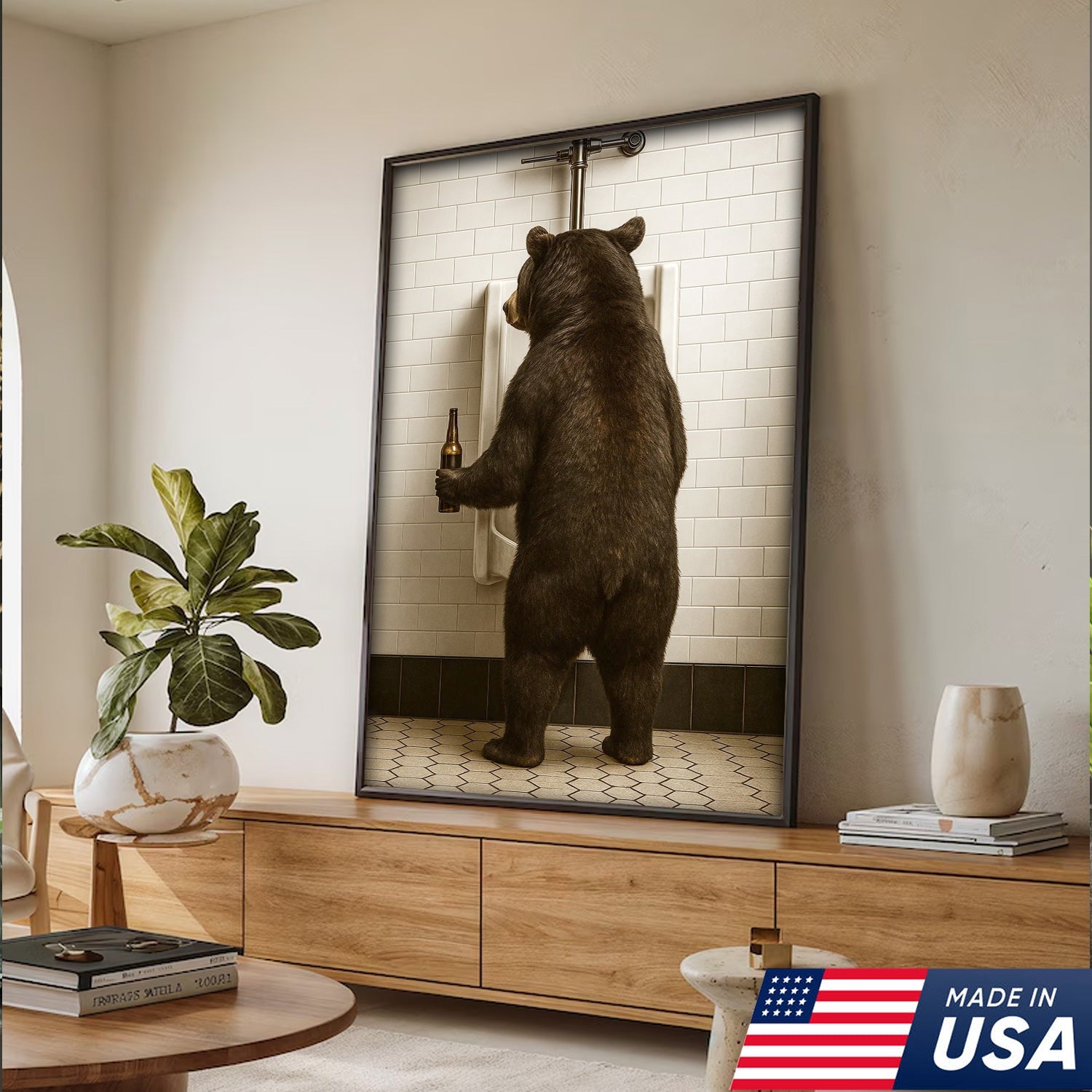 Funny Black Bear Canvas Wall Art – Hilarious Bathroom Humor Decor – Rustic Cabin Lodge Gag Gift