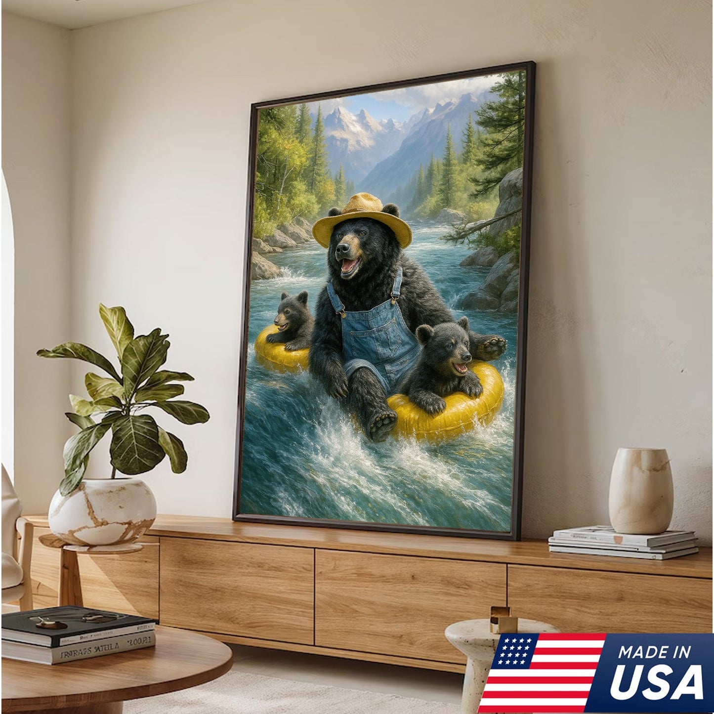 Bear River Adventure Canvas Wall Art – Cute Bear Family Wall Decor for Cabin & Nature Lovers
