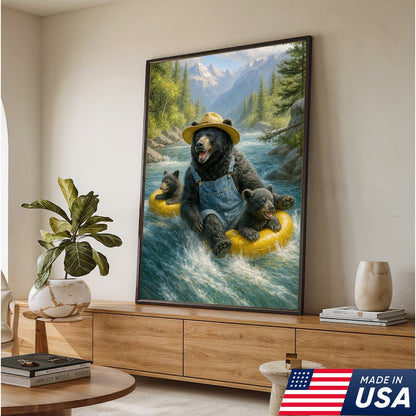 Bear River Adventure Canvas Wall Art – Cute Bear Family Wall Decor for Cabin & Nature Lovers
