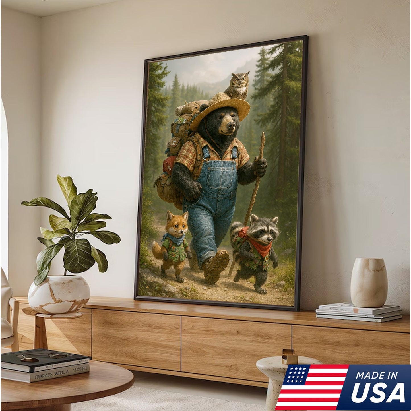 Bear Hiking Adventure Canvas Art – Cute Woodland Animal Wall Decor for Cabin & Home