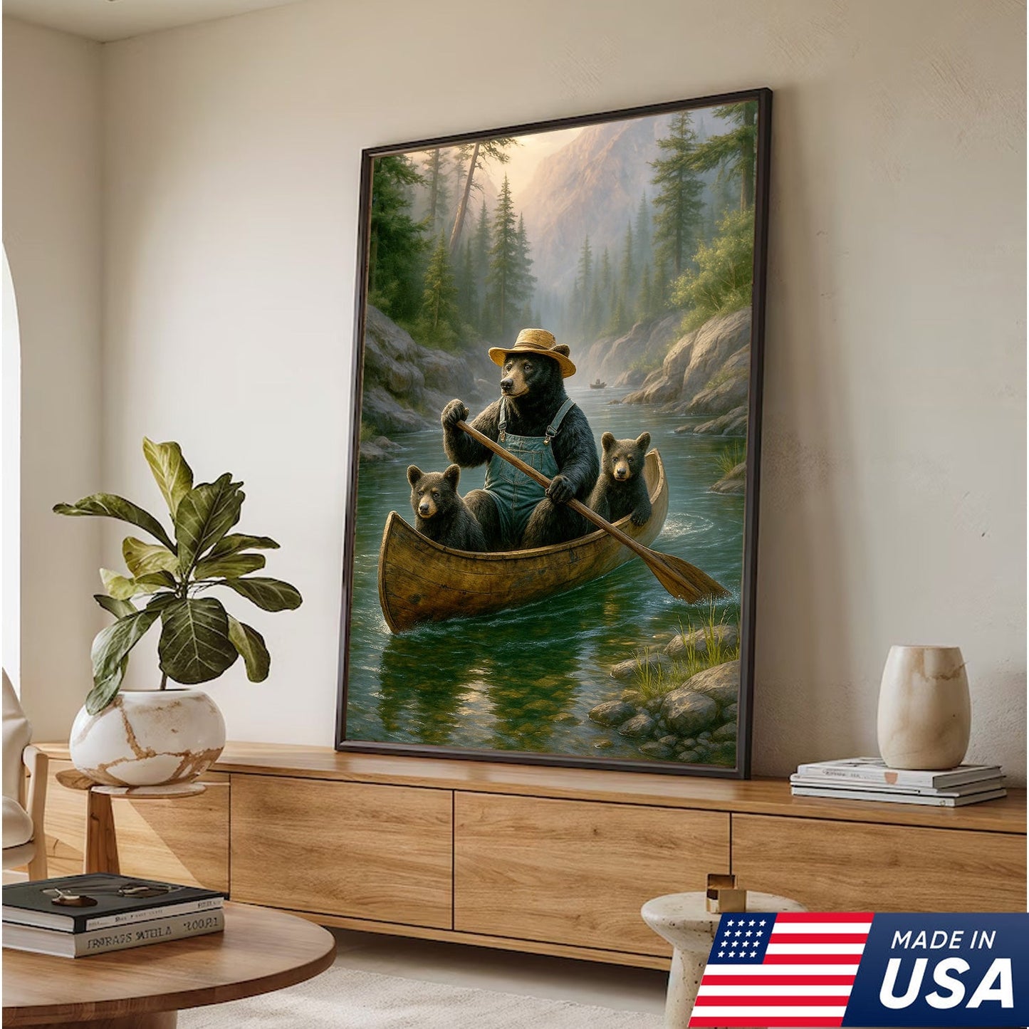 Bear Family Canoe Adventure Canvas Wall Art – Rustic Wildlife Wall Decor for Cabin & Home