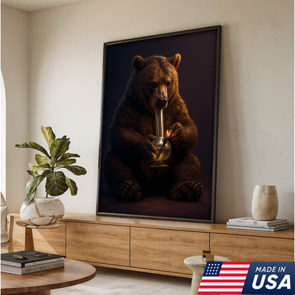 Rustic Bear Smoking Canvas Wall Art – Funny Cabin Decor for Hunters & Outdoor Lovers