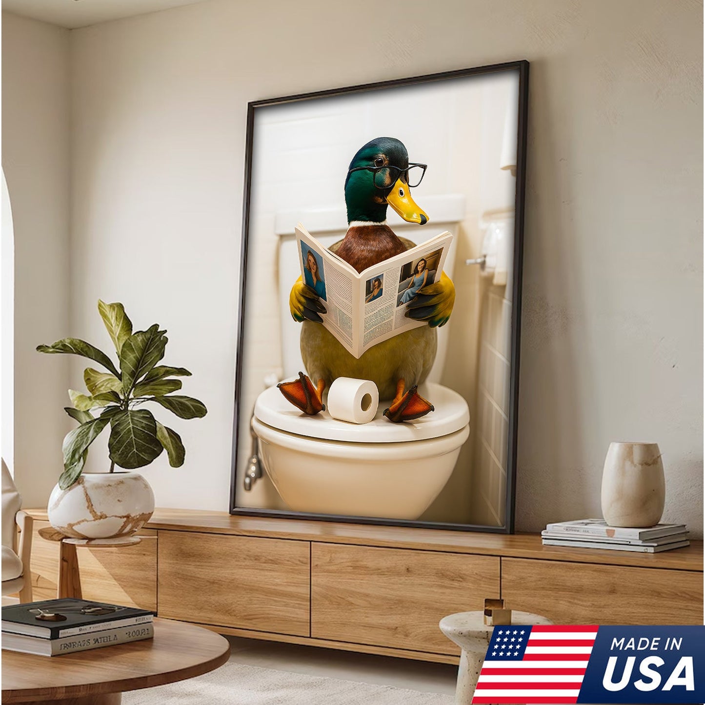 Funny Duck Bathroom Canvas Wall Art – Unique Gift for Hunters, Wildlife Lovers & Cabin Decor