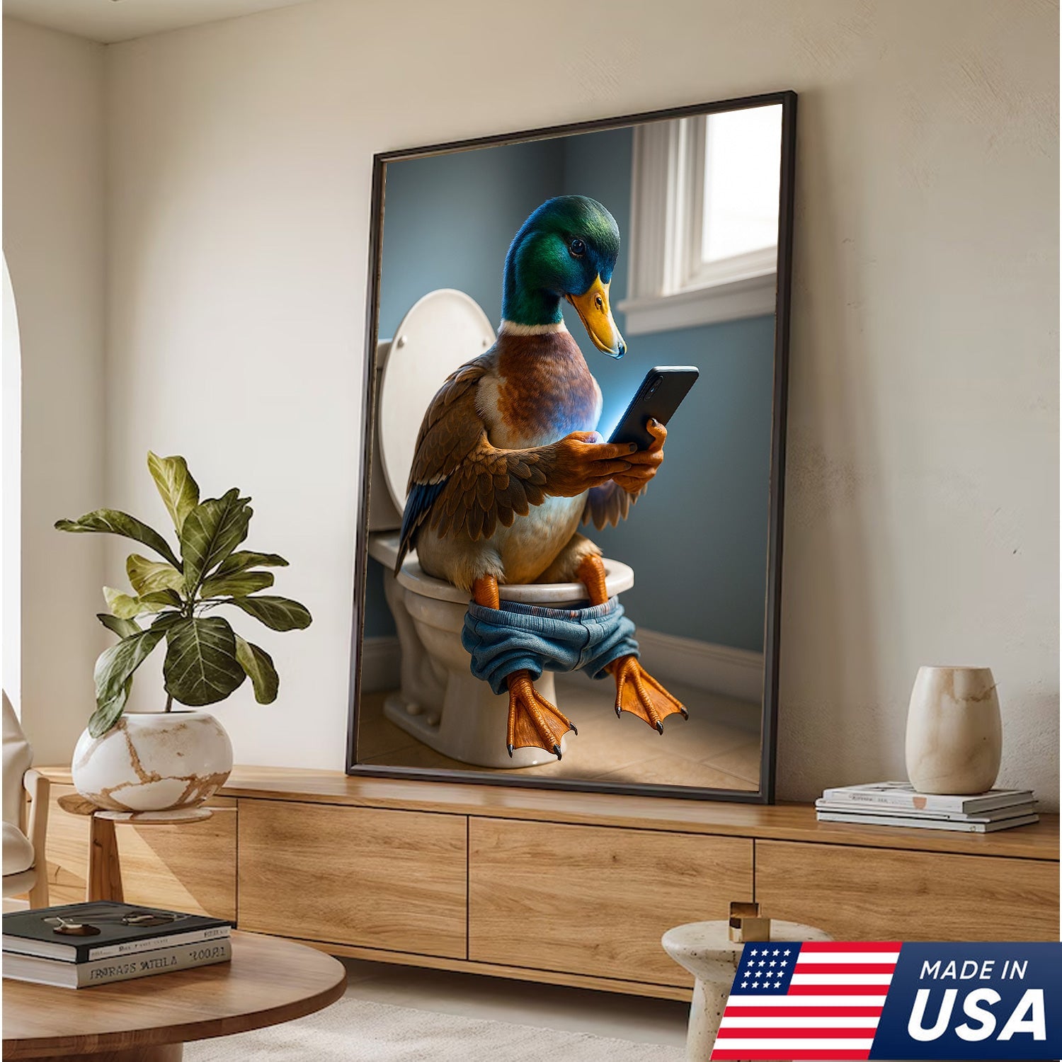 Funny Duck on Toilet Canvas Wall Art – Hilarious Gift for Men, Husband or Bathroom Decor