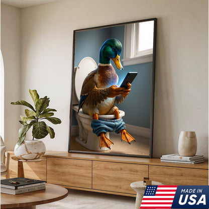 Funny Duck on Toilet Canvas Wall Art – Hilarious Gift for Men, Husband or Bathroom Decor