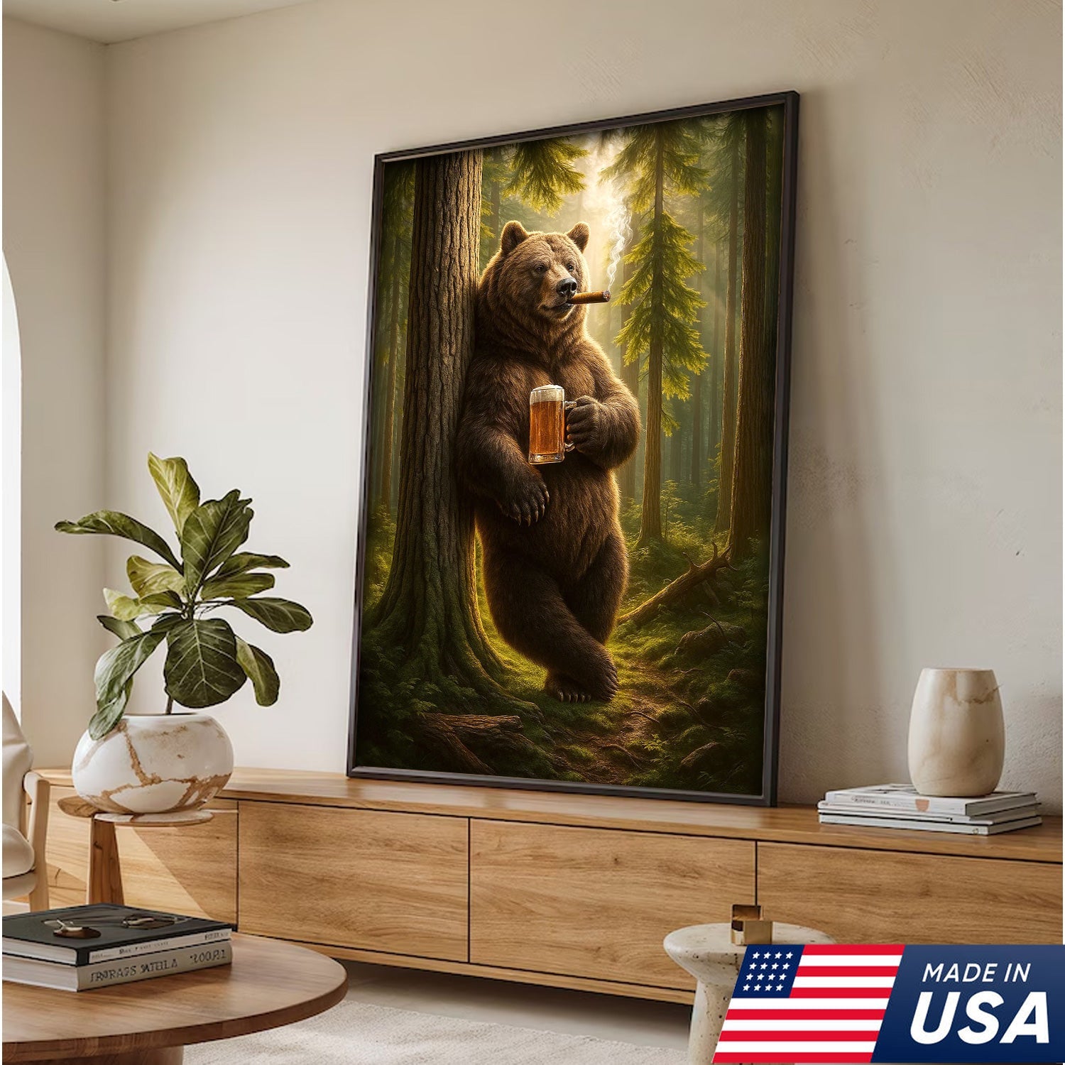 Rustic Bear in Forest Canvas Wall Art, Woodland Animal Decor, Nature Landscape Home Decoration