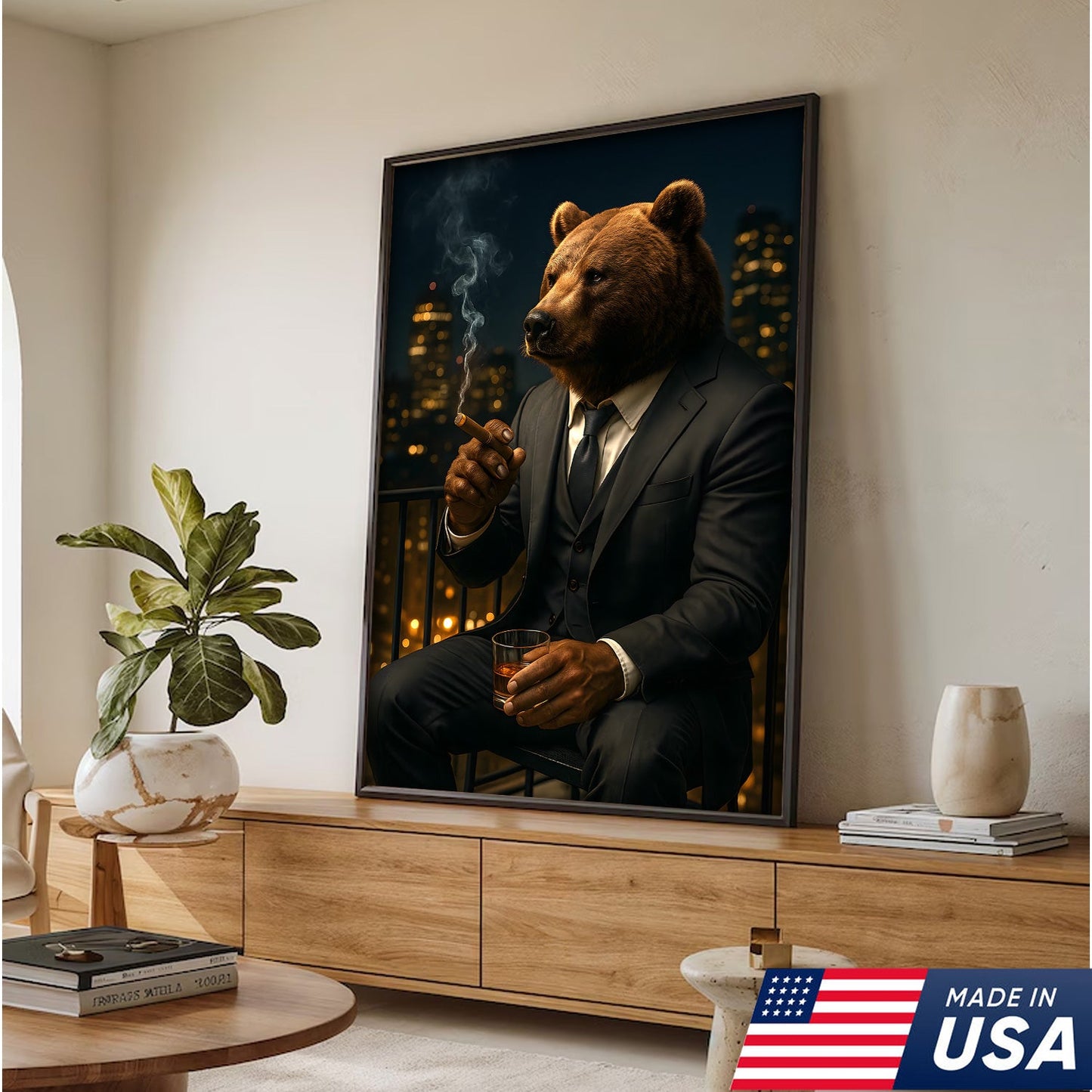 Boss Bear Wall Art – Suited Animal Smoking Canvas, Whiskey Lounge Decor, Alpha Man Gift