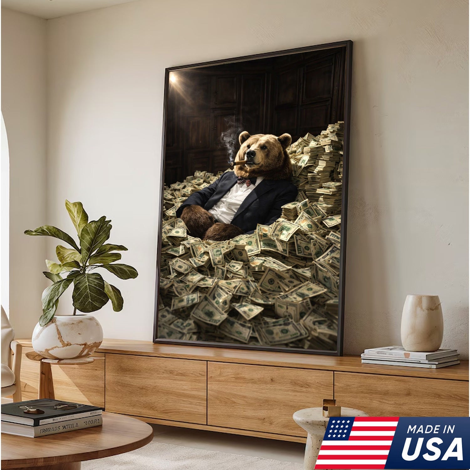 Luxury Bear Wall Art Canvas Print, Powerful Wealth Animal Portrait Illustration