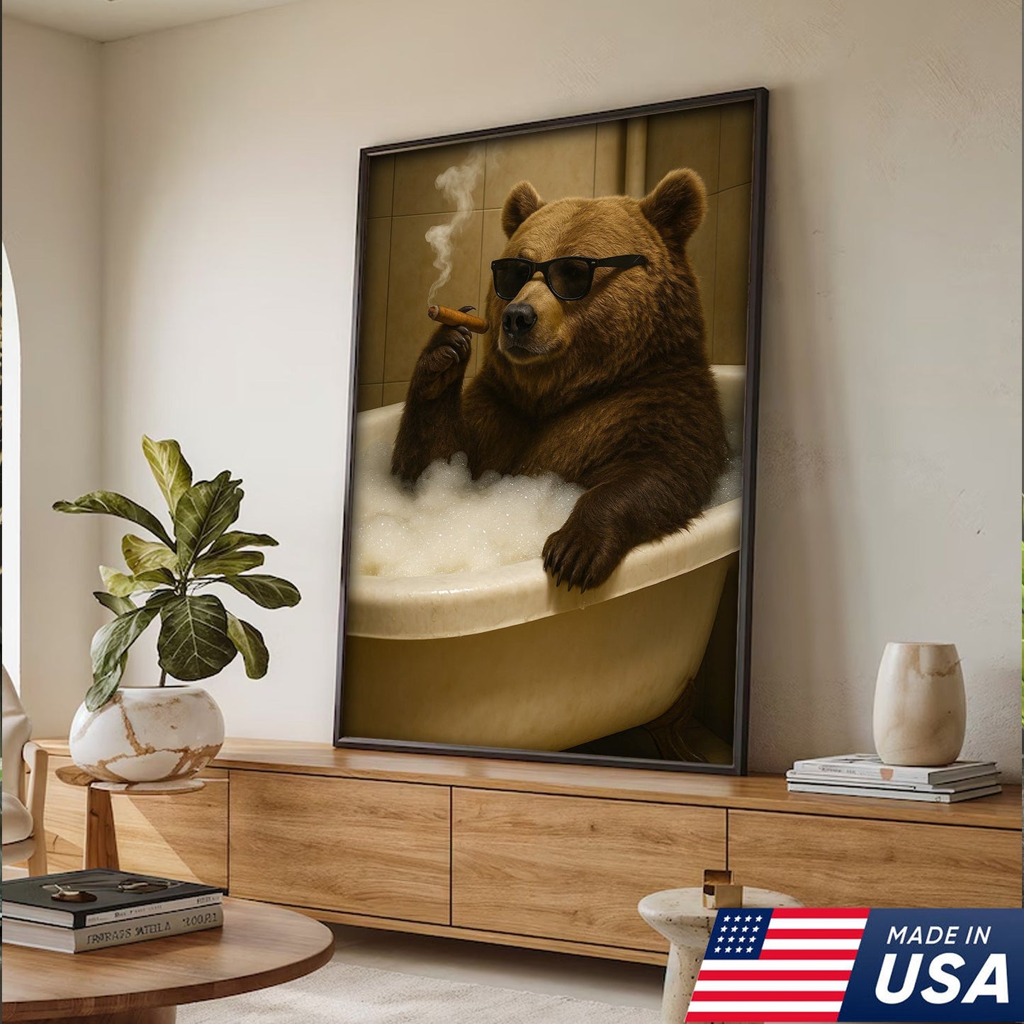 Cool Bear Canvas Wall Art – Funny Relaxing Bathtub Gift for Hunters & Outdoorsmen