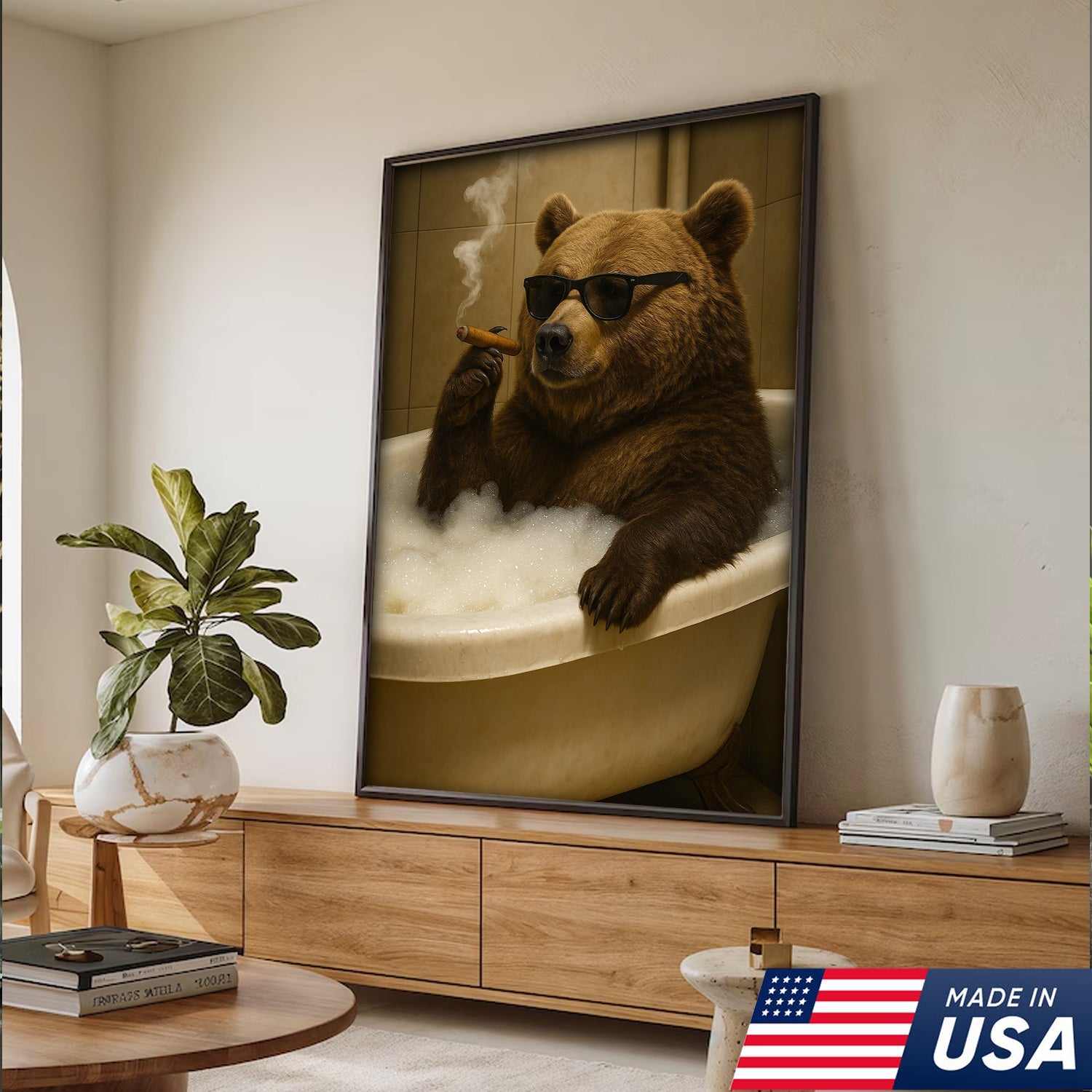 Cool Bear Canvas Wall Art – Funny Relaxing Bathtub Gift for Hunters & Outdoorsmen