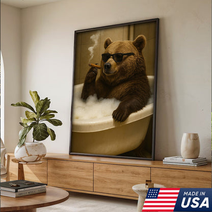 Cool Bear Canvas Wall Art – Funny Relaxing Bathtub Gift for Hunters & Outdoorsmen