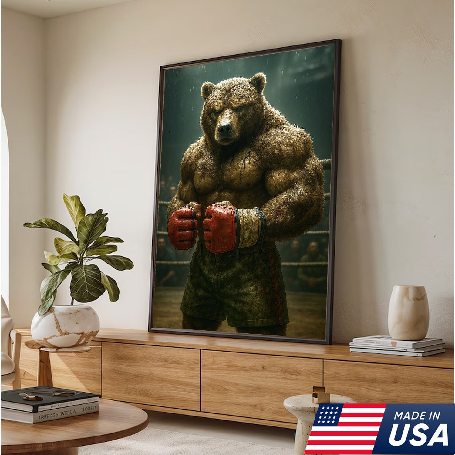 Boxer Bear Canvas Wall Art, Fierce Animal Fighter Artwork, Powerful Strength Decor for Men
