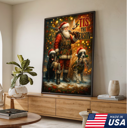 Rustic Christmas Hunting Canvas Art - Santa with Hunting Dogs and Ducks Holiday Wall Decor