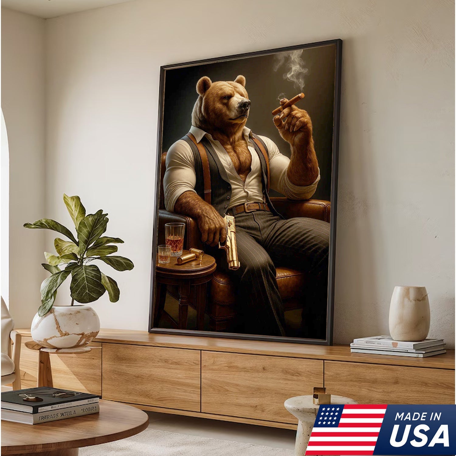 Boss Bear Canvas Wall Art, Stylish Anthropomorphic Animal Portrait, Masculine Power Lounge Decor