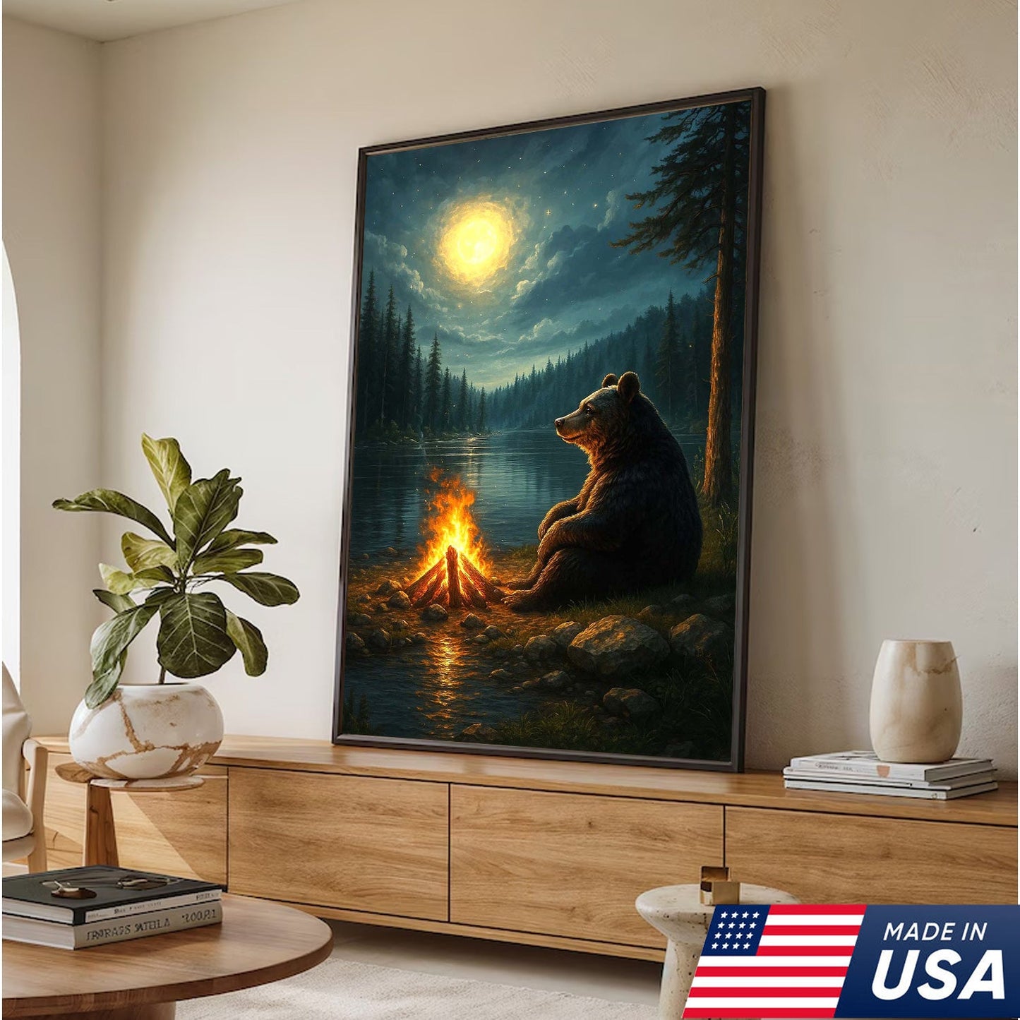 Bear Campfire Night Wall Art Canvas, Cozy Camping Bear by Lake