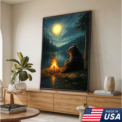 Bear Campfire Night Wall Art Canvas, Cozy Camping Bear by Lake