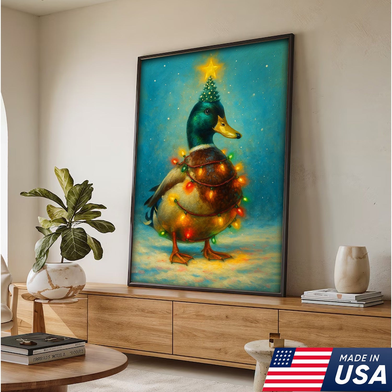 Funny Mallard Duck Christmas Canvas Wall Art – Festive Holiday Decor – Rustic Lodge Gift Idea