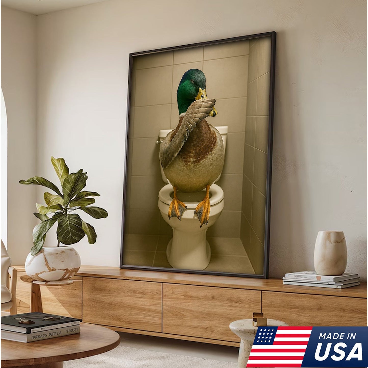 Funny Duck Bathroom Wall Art – Hilarious Rustic Toilet Canvas for Cabin, Lodge & Man Cave Decor
