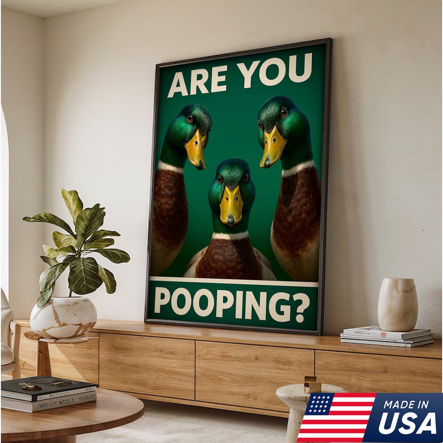Funny Duck Bathroom Canvas Wall Art – Mallard Humor Decor – Rustic Lodge or Cabin Gift